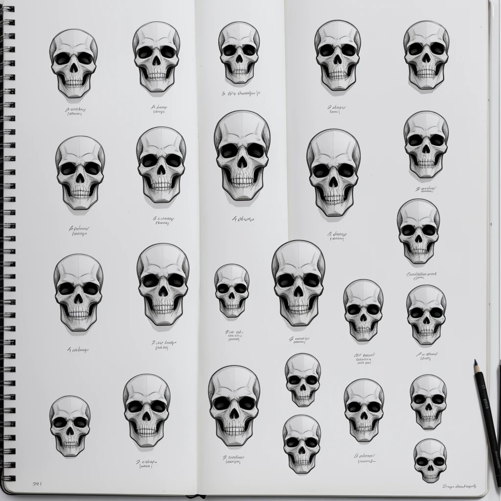 sketches of cartoon characters drawn in a notebook with a pencil, studies, alien skulls, face doodles, concept sheet, sketches, doodles, vey detailed faces, many heads, cosmic horror concept art, heads, character design sheet, skull faces, dissection sketch, skulls, skulls around, alien faces, concept sketches, sketchbook, sketchbook drawing, rough sketch, anatomy studies