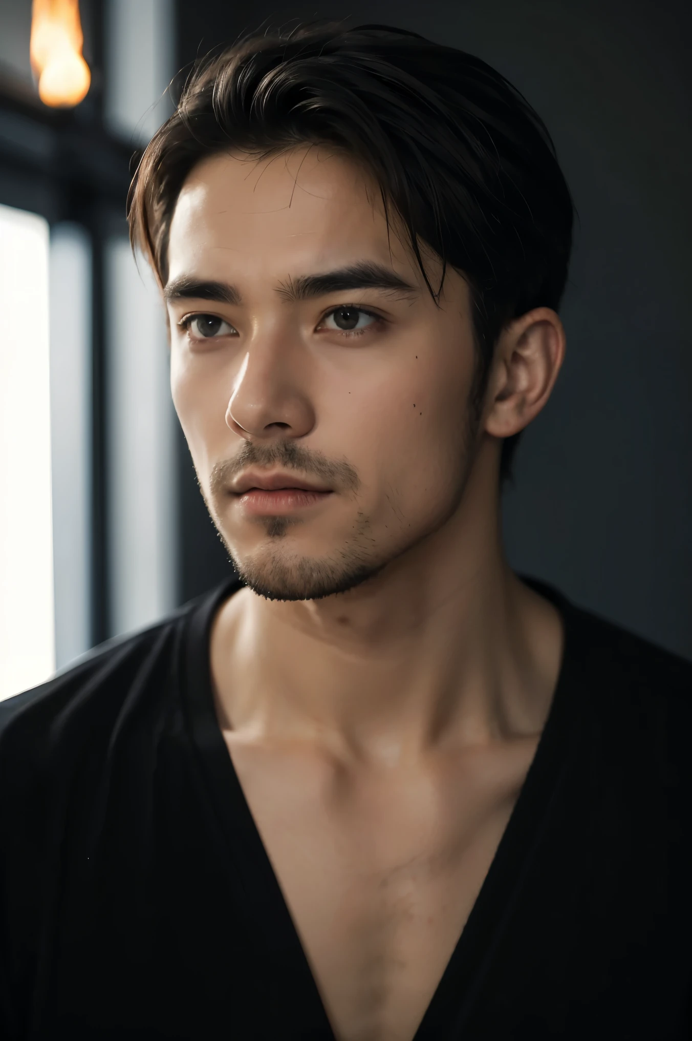 Man of European descent wearing a black shirt, his facial expression contemplative, lit with a red light against a dark background.