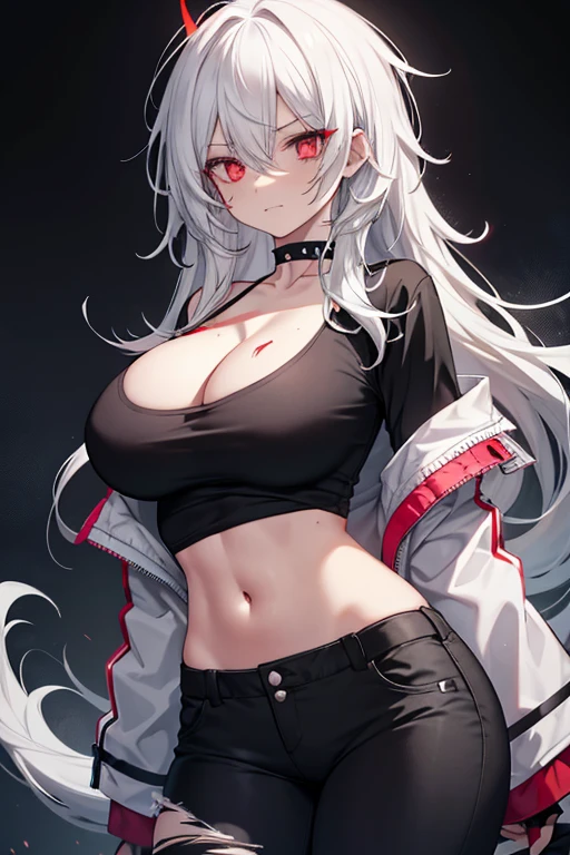 1girl, big breasts, modern torn clothes, dark gray t-shirt, visible abdomen and navel, white jacket, dark gray pants, long hair, white hair, messy hair, spiked hair, red eyes, pointed teeth. reptile eyes, reptile tail, black choker on neck, facial marking, red facial marking
