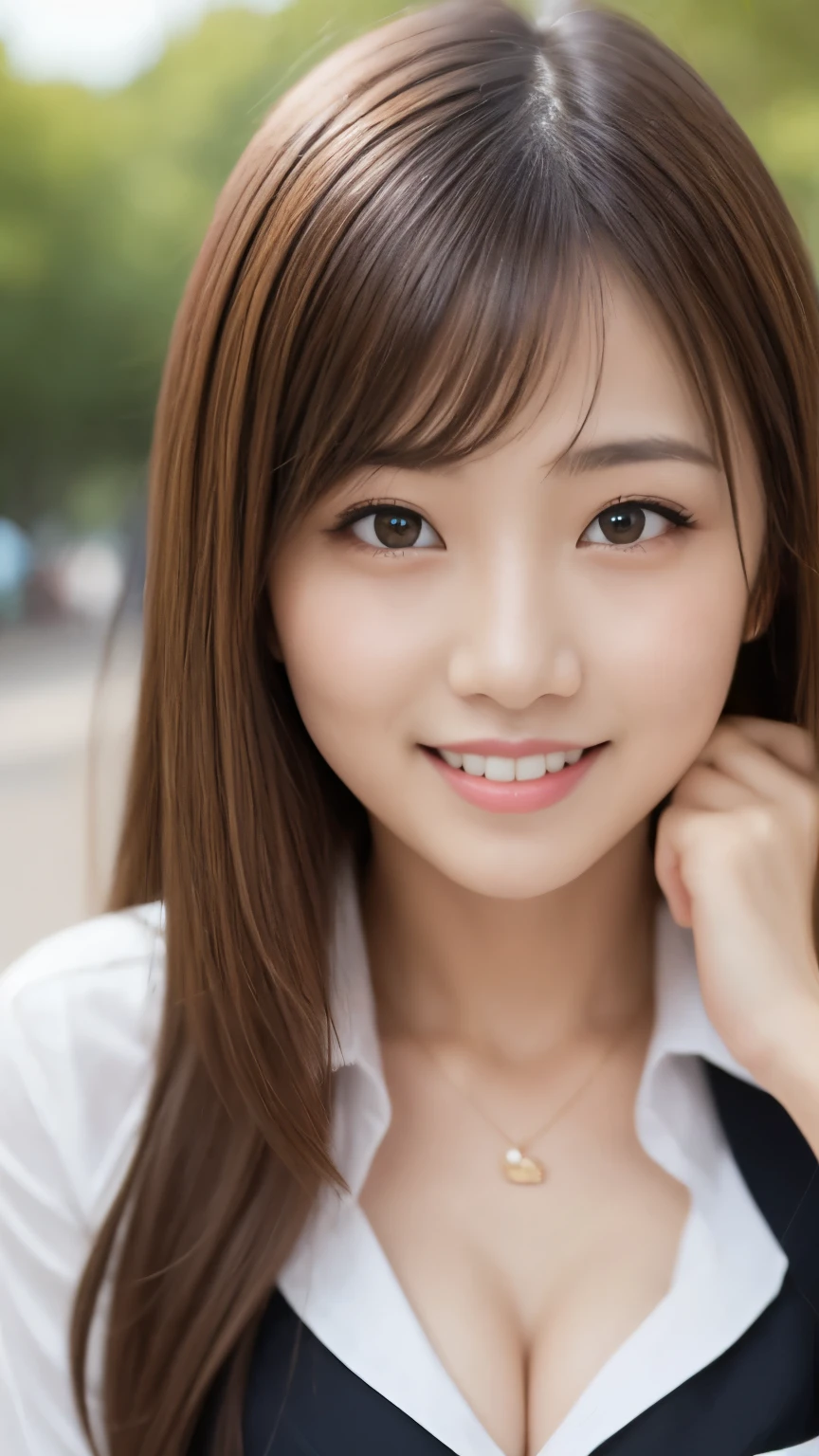 bright表情、Realistic:1.32、highest quality、超A high resolution、最も美しい日本のgirlの写真、Cute and beautiful face details、Small face、美しいbangs、、Shine, fair, Shine肌、Hair gets tangled in the face、(girl１Only people:1.3)、顔まで伸びるbangs、bangs、Hair between the eyes、Attractive brown silky hair、bright、彼女の澄んだ瞳は魅力的にShine、Cute pose、highest quality、Confused、((The cutest girl in the world))、Japanese、((Summer Uniforms for Students:1.3))、((Open shirt:1.3))、(High waist pleated skirt)、Newest Brands、(Side Half Up:1.3)、(Thin ribbon)、Nice and cute、An innocent smile、nice smile、Cleavage、(Big Breasts:1.3)、(Pose cutely:1.3)、Brown Hair、Tight waist、Beautiful eyes in every detail、View your viewers、Upper Body、Face close-up、Front view、