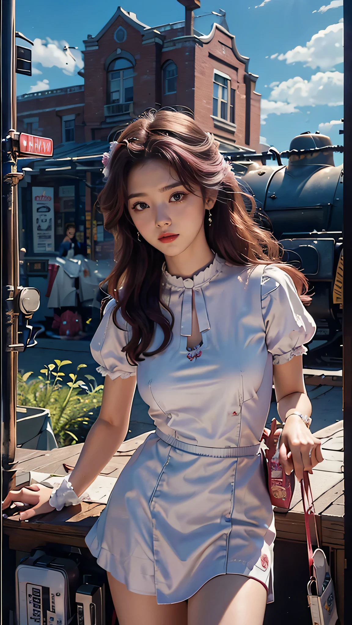 magenta tint、vibrant with colors、((tmasterpiece)))、(((quality)))、((ultra - detailed))、(Surreal)、(Very detailed CG illustration)、offcial art、CD cover、It will be、midsummer、The glorious 1980s、1 Sister,ssmile、cochetti gorgeous、incomparable beauty、long whitr hair,short blouse,Superskirt、perfect angle、Perfectcomposition、corner store,(evening,trains station,trains,Cloud),big breast