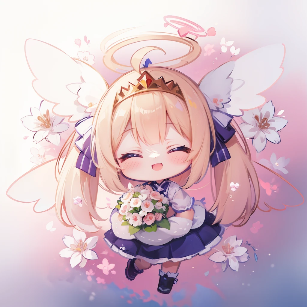 (((Tabletop))), highest quality, Very detailed, anime, (Holding a bouquet), (Angel Costume),(Princess Costume), (Hello), (Angel&#39;s wing), (Pink twin tails), (Tierra), close your eyes, (((With a girl))), (((alone))), Happy, whole body, Ahoge, (((Deformed))), (((Chibi Character))), (((Floral Background))), (Pink Background), (Flower Field)