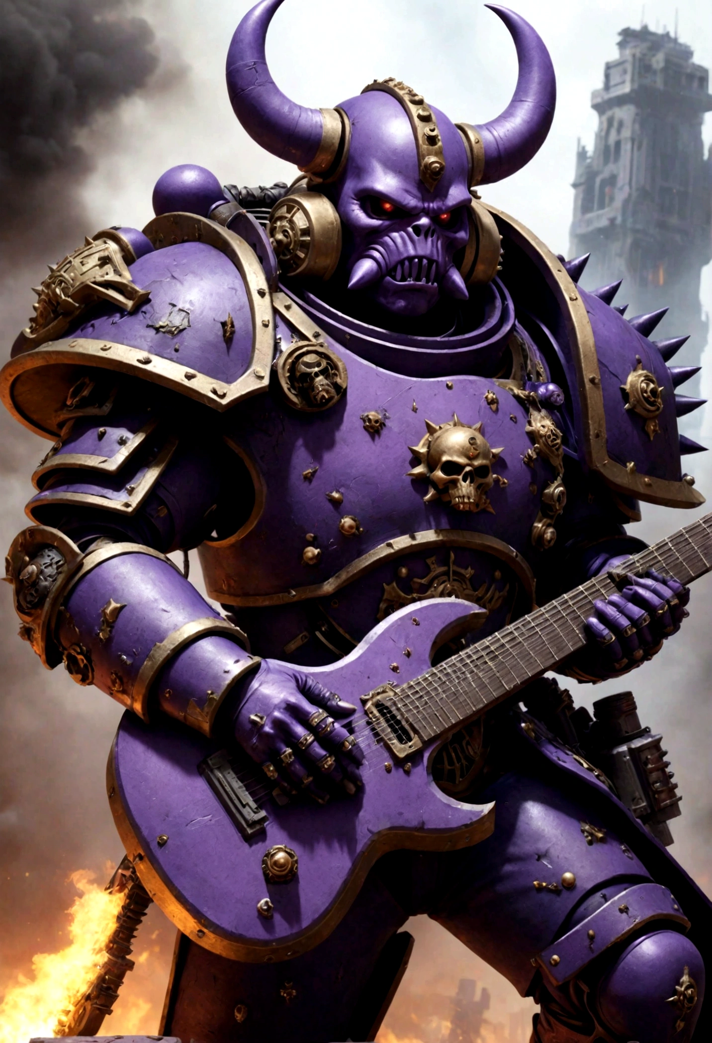 warhammer 40k, a chaos noise marine (purple primary color scheme), is playing a chaos styled guitar, powerful speakers on his back blast deadly noise, hi gothic future city