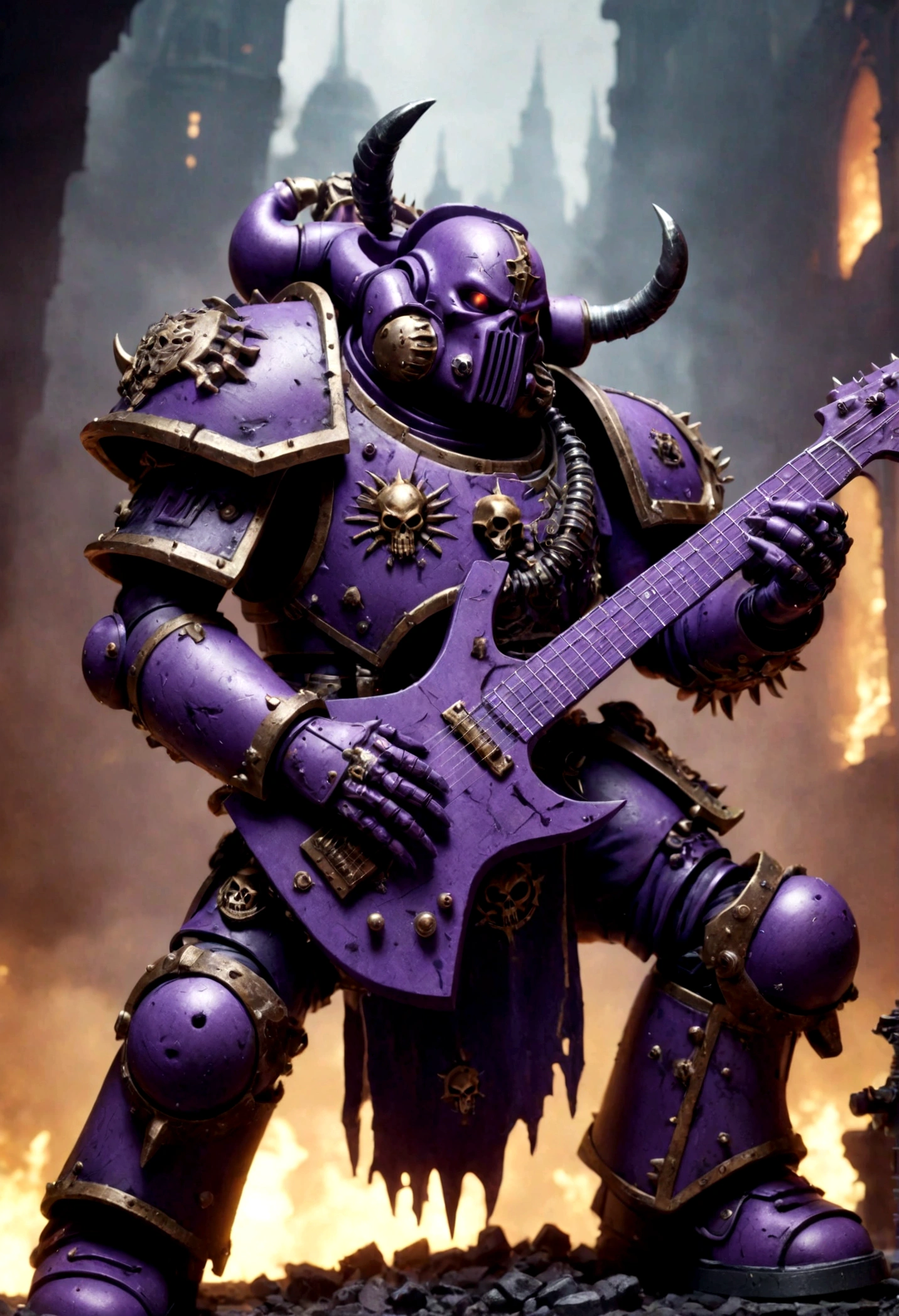 warhammer 40k, a chaos noise marine (purple primary color scheme), is playing a chaos styled guitar, powerful speakers on his back blast deadly noise, hi gothic future city
