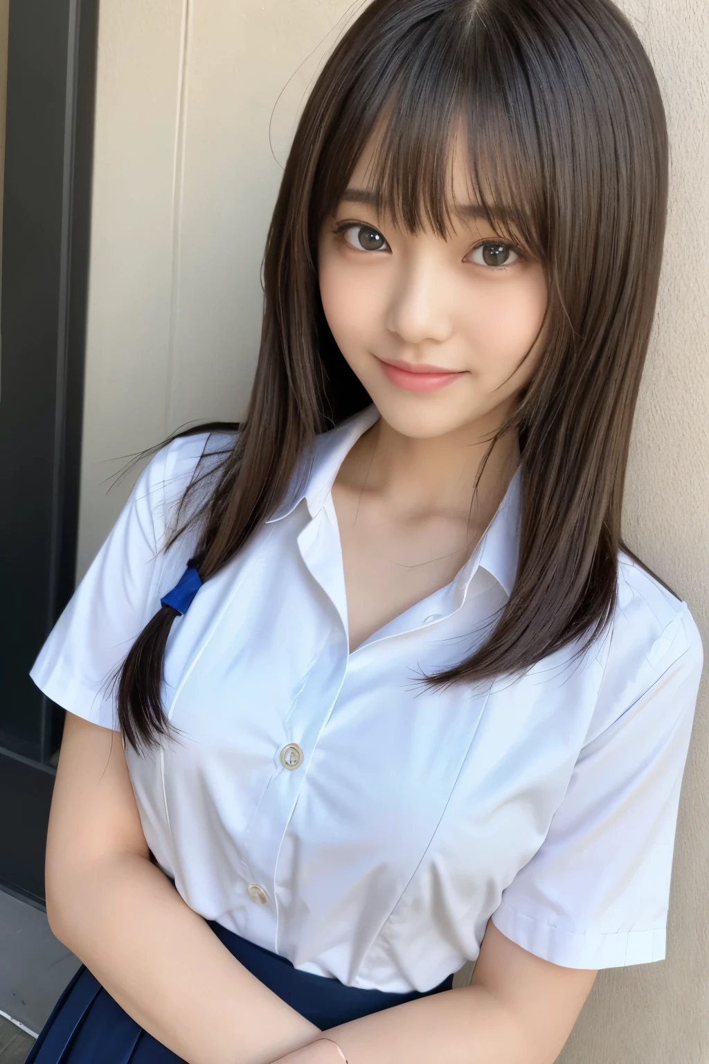 bright表情、Realistic:1.32、highest quality、超A high resolution、最も美しい日本のgirlの写真、Cute and beautiful face details、Small face、美しいbangs、、Shine, fair, Shine肌、Hair gets tangled in the face、(girl1Only people:1.3)、顔まで伸びるbangs、bangs、Hair between the eyes、Attractive brown silky hair、bright、彼女の澄んだ瞳は魅力的にShine、Cute pose、highest quality、Confused、((The cutest girl in the world))、Japanese、((Summer Uniforms for Students:1.3))、((Open shirt:1.3))、(High waist pleated skirt)、Newest Brands、(Side Half Up:1.3)、(Thin ribbon)、Nice and cute、An innocent smile、nice smile、Cleavage、(Big Breasts:1.3)、(Pose cutely:1.3)、Brown Hair、Tight waist、Beautiful eyes in every detail、View your viewers、Upper Body、Face close-up、Front view、