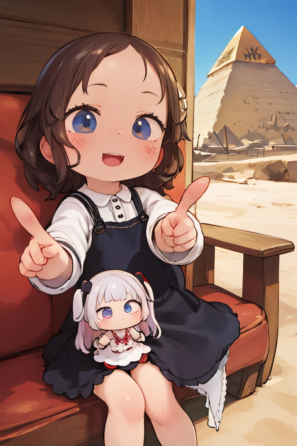 Photorealistic、Chibi girl doll pointing at Egyptian pyramids、smile