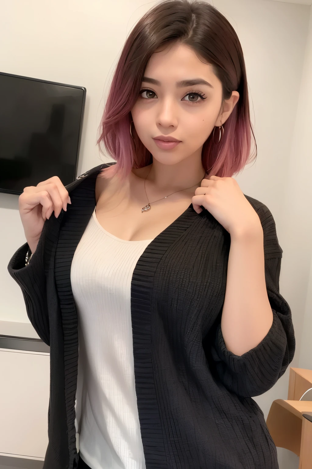 (foto cruda, mejor calidad), (realista, photo-realista:1.3), obra maestra, un extremadamente delicado y hermoso, extremadamente detallado, cg, unidad , fondo de pantalla 2k, Asombroso, finamente detalle, sonrisa ligera, extremadamente detallado cg unidad 8k wallpaper, huge file size, ultra detallado, high resolution, absurdos, luz tenue, (((pelo medio:1.3), short bang, cabello rosado, cabello flotante NovaFrogStyle)), hermosa chica detallada, dedos detallados, extremadamente detallado eyes and face, hermosa nariz detallada, Hermosos ojos detallados, long eyelashes, luz en la cara, mirando al espectador, (boca cerrada:1.2), 1 chica, lindo, joven, cara madura, (cuerpo completo:1.3), ((senos grandes), realista face, realista body, hermoso muslo detallado, (ulzzang-6500-v1.1:0.8), Traje de negocios, ropa cruzada, camisa de cuello, ropa abierta, en la oficina, Oficina detallada, open cardigan, muslos negros, mini falda, ropa interior negra, camisa desabrochada, Mostrando sus senos