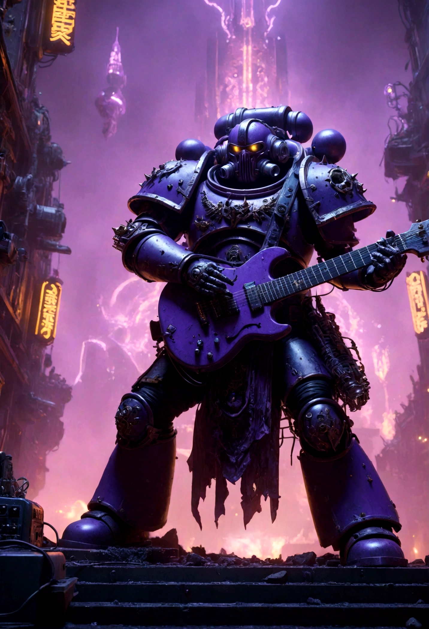 A chaos noise marine, purple primary color scheme, chaos styled guitar, powerful speakers on back blasting deadly noise, hi gothic future city, highly detailed, photorealistic, 8k, cinematic lighting, dramatic composition, complex machinery, neon lights, atmospheric haze, intricate details, masterpiece
