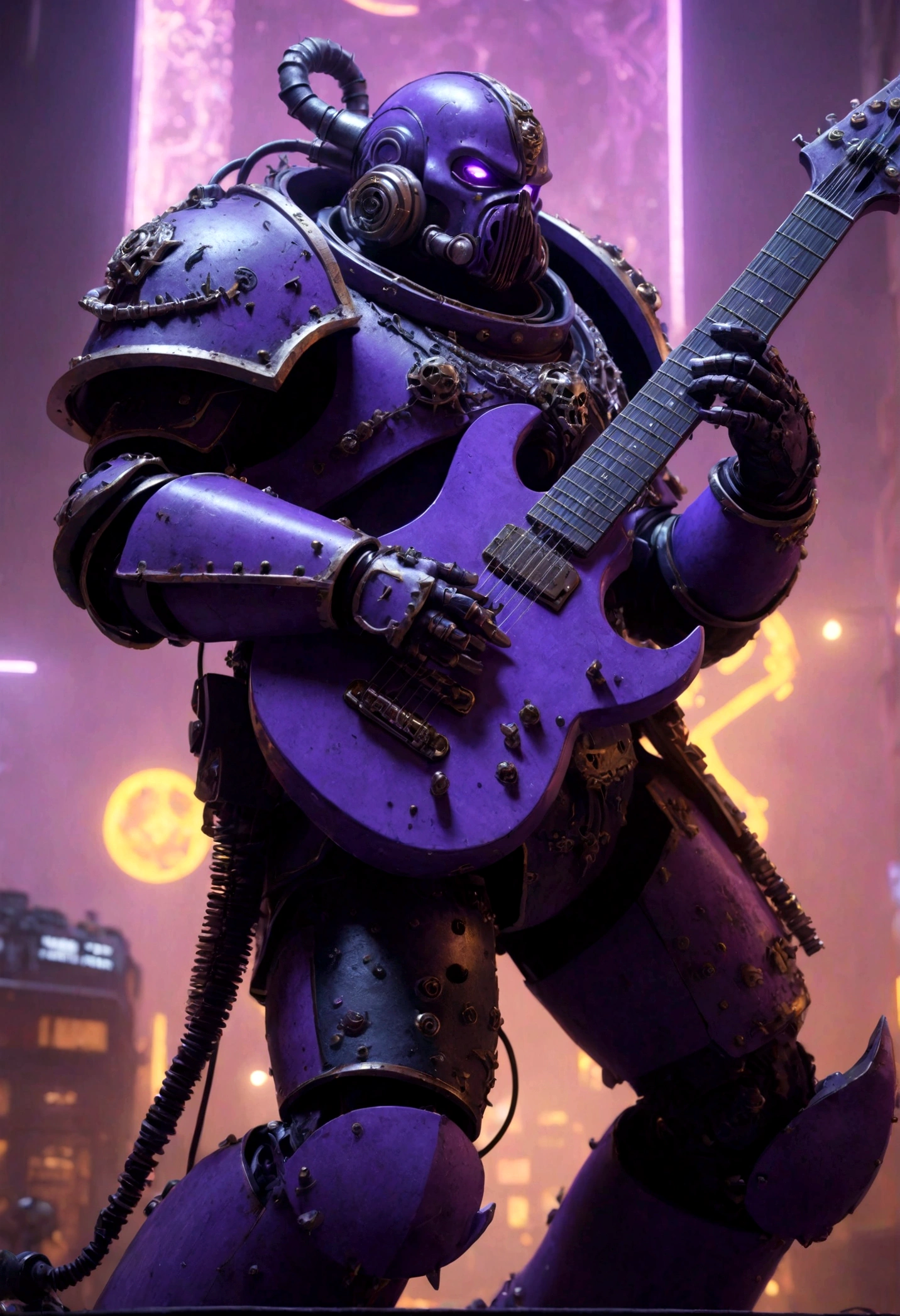 A chaos noise marine, purple primary color scheme, chaos styled guitar, powerful speakers on back blasting deadly noise, hi gothic future city, highly detailed, photorealistic, 8k, cinematic lighting, dramatic composition, complex machinery, neon lights, atmospheric haze, intricate details, masterpiece