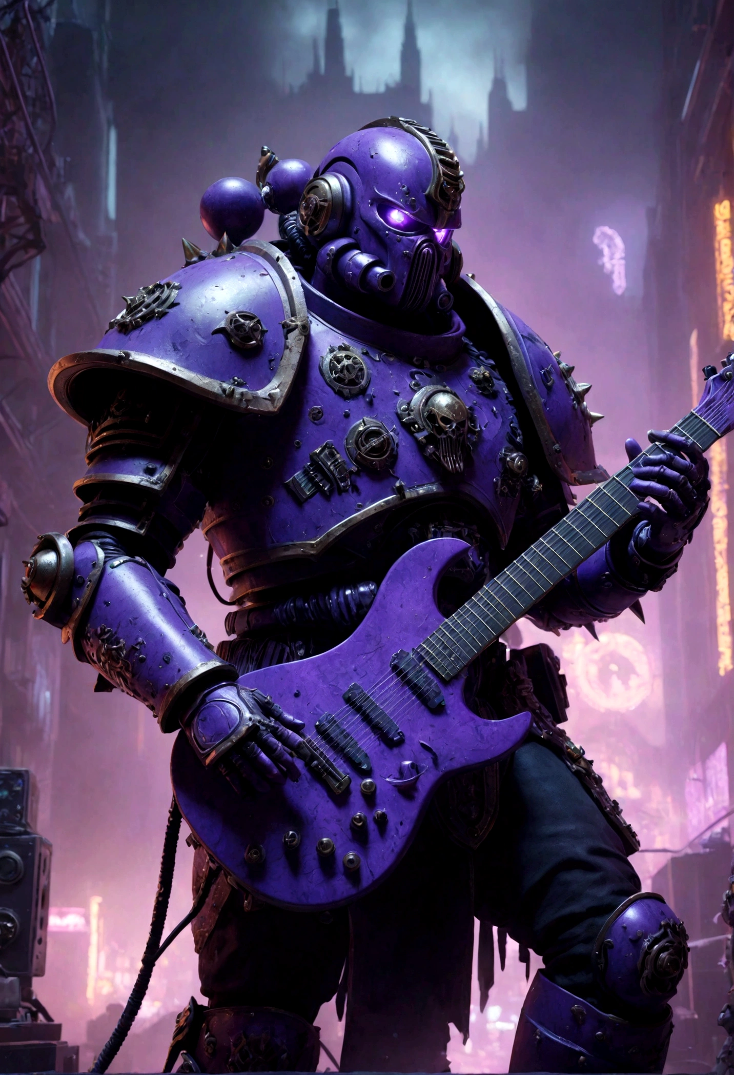 A chaos noise marine, purple primary color scheme, chaos styled guitar, powerful speakers on back blasting deadly noise, hi gothic future city, highly detailed, photorealistic, 8k, cinematic lighting, dramatic composition, complex machinery, neon lights, atmospheric haze, intricate details, masterpiece