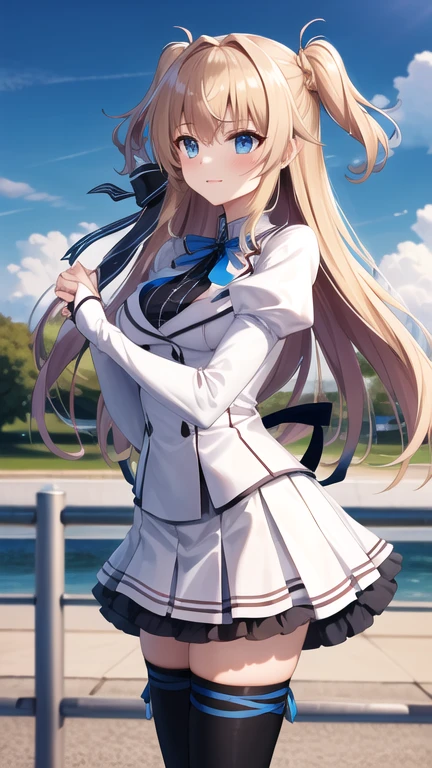 masterpiece, best quality, highres, 1girl, solo, long hair, blonde hair, two side up, (hair ribbon:1.1), blue eyes, neck ribbon, , white jacket, juliet sleeves, long sleeves, white skirt, thigh ribbon, black thighhighs, outdoors, cowboy shot, standing,