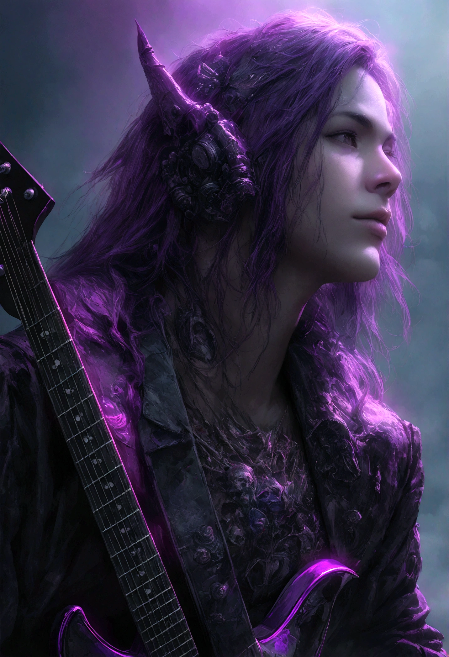 a chaos noise marine, purple primary color scheme, playing a chaos styled guitar, powerful speakers on his back blasting deadly noise, hi gothic future city, detailed character portrait, highly detailed, 8k, photorealistic, digital painting, concept art, hyper detailed, dramatic lighting, moody atmosphere, vibrant colors