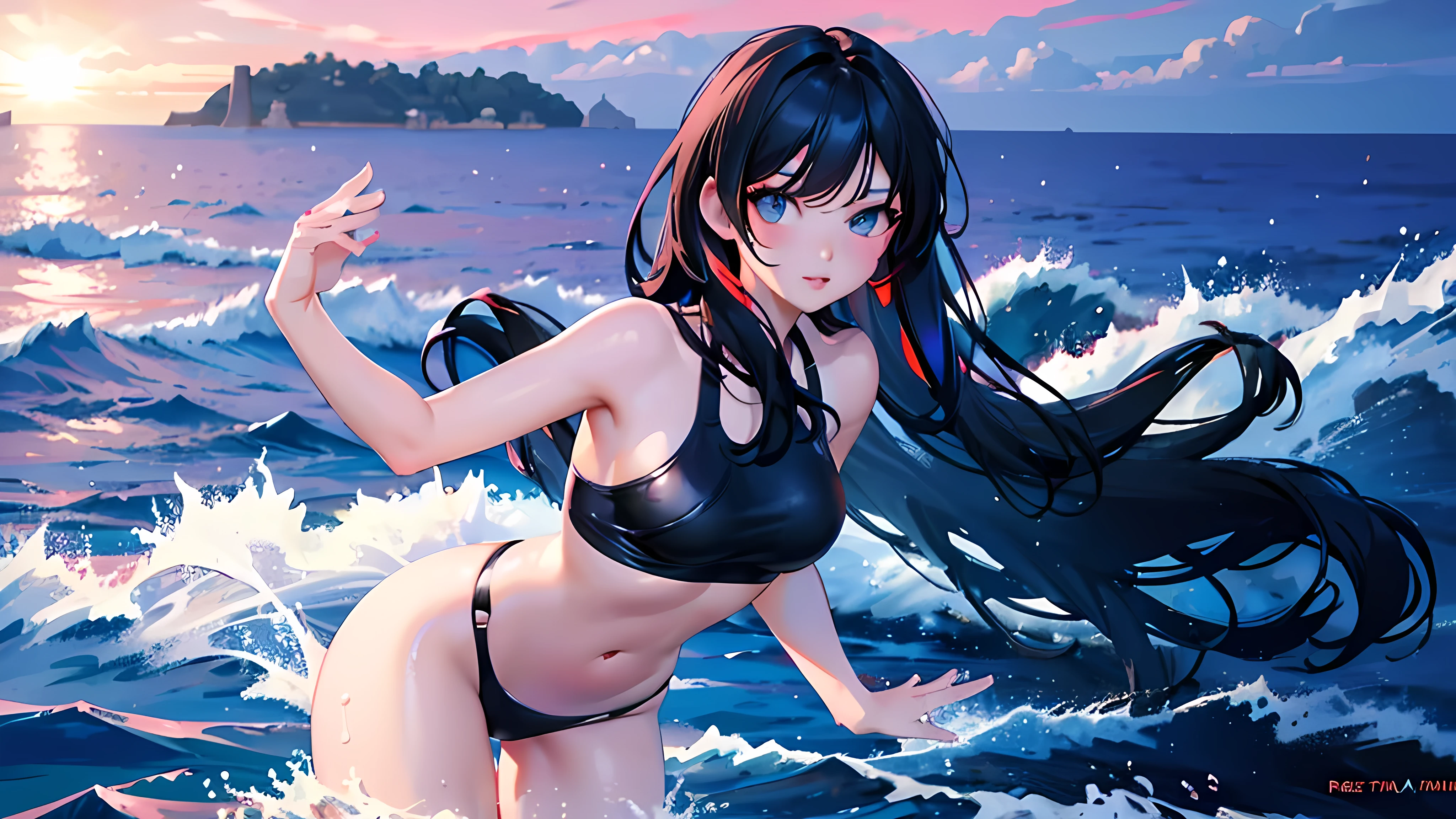 A sexy woman in a swimsuit, long black hair, anime style, seaside daytime scene, detailed face, beautiful eyes and lips, high quality, photorealistic, masterpiece, ultra-detailed, vibrant colors, warm lighting, cinematic composition 18+