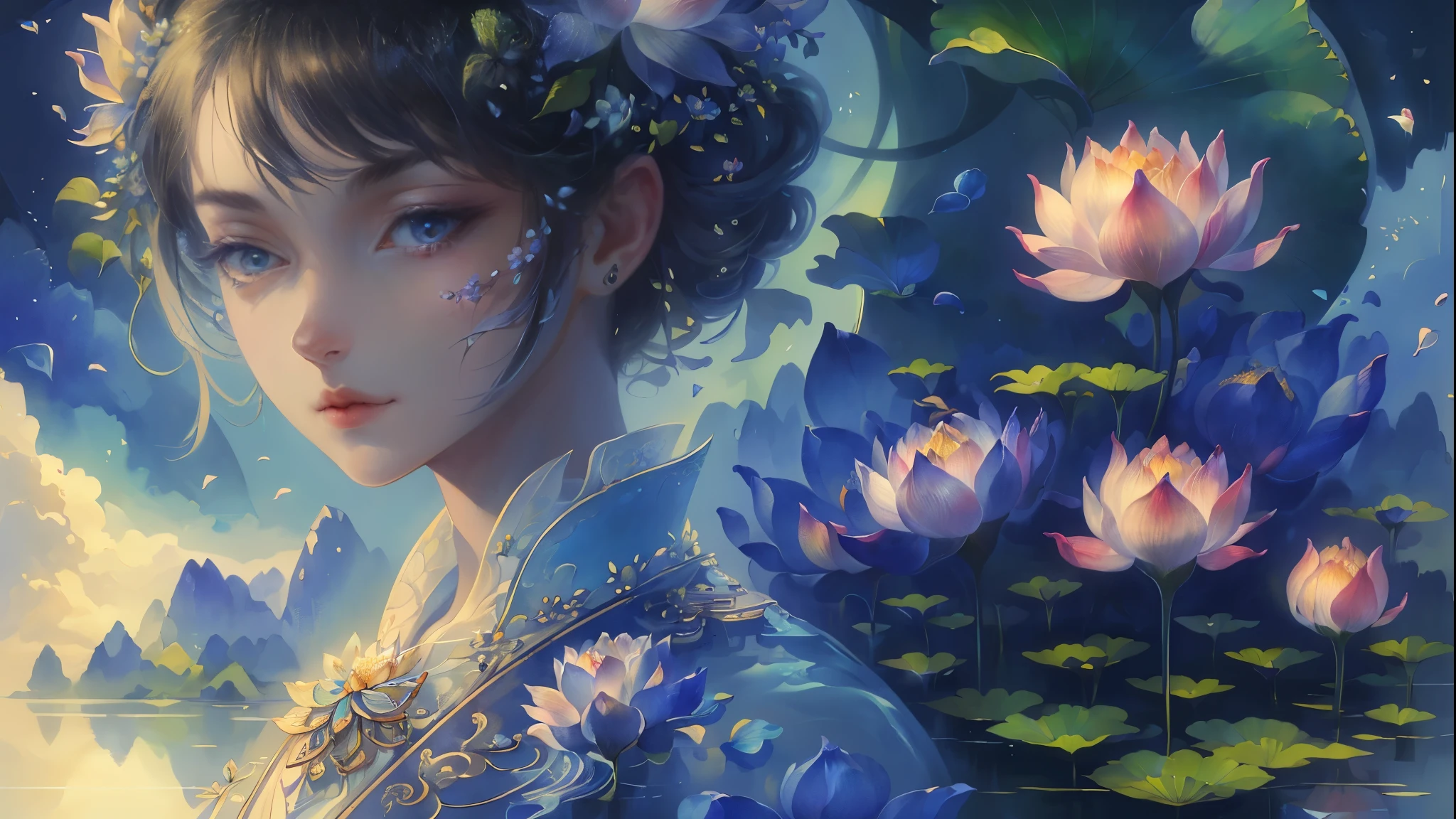 1girl, beautiful detailed face, beautiful detailed eyes, beautiful detailed lips, lotus flower, delicate lotus petals, serene landscape, vibrant colors, RGB lighting, (best quality,4k,8k,highres,masterpiece:1.2),realistic,photo-realistic,ultra-detailed,vivid colors,physically-based rendering