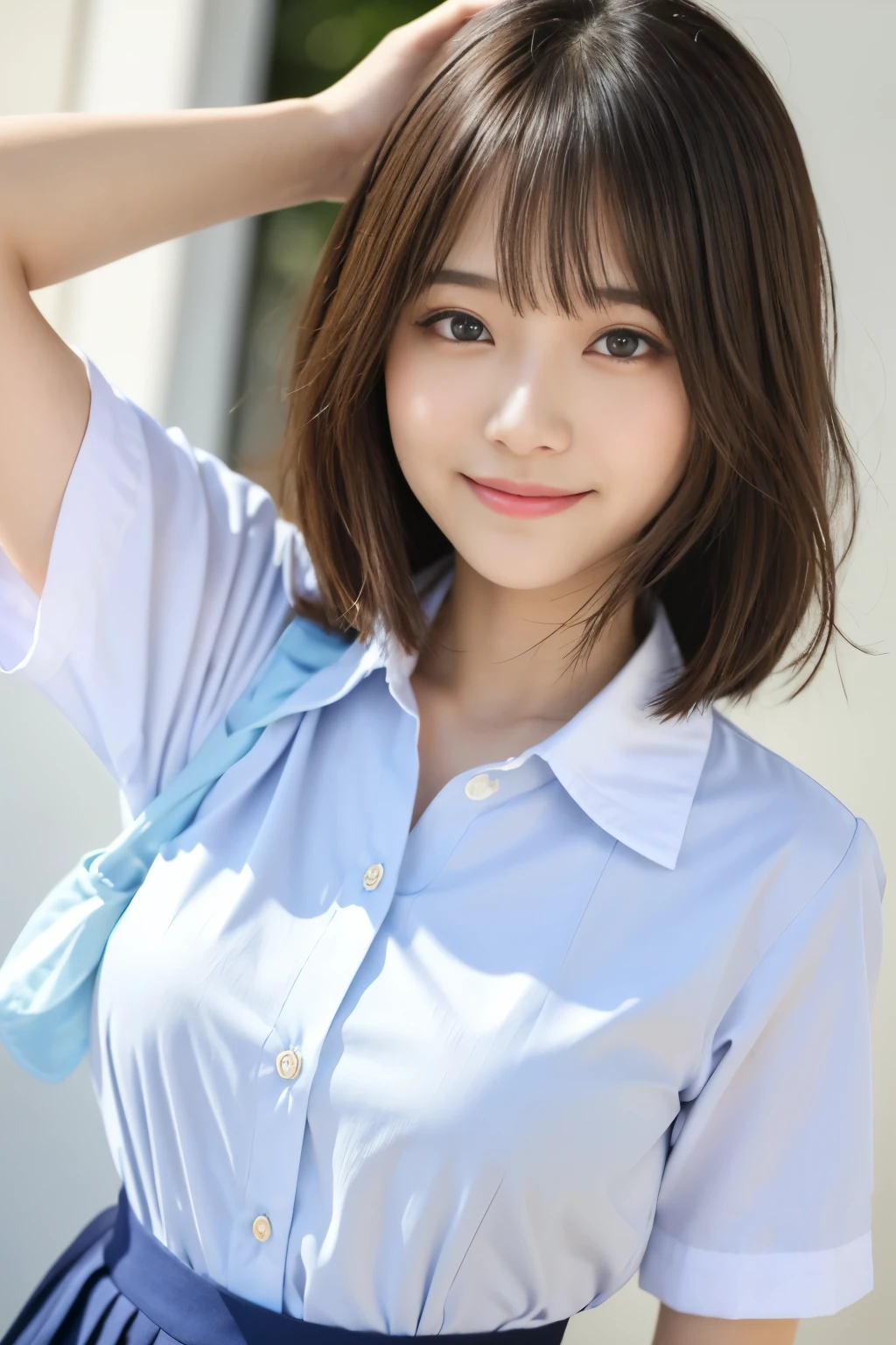 bright表情、Realistic:1.32、highest quality、超A high resolution、最も美しい日本のgirlの写真、Cute and beautiful face details、Small face、美しいbangs、14 years old、Shine, fair, Shine肌、Hair gets tangled in the face、(girl１Only people:1.3)、顔まで伸びるbangs、bangs、Hair between the eyes、Attractive brown silky hair、bright、彼女の澄んだ瞳は魅力的にShine、Cute pose、highest quality、Confused、((The cutest girl in the world))、Japanese、((Summer Uniforms for Students:1.3))、((Open shirt:1.3))、(High waist pleated skirt)、Newest Brands、(Side Half Up:1.3)、(Thin ribbon)、Nice and cute、An innocent smile、nice smile、Cleavage、(Big Breasts:1.3)、(Pose cutely:1.3)、Brown Hair、Tight waist、Beautiful eyes in every detail、View your viewers、Upper Body、Face close-up、Front view、