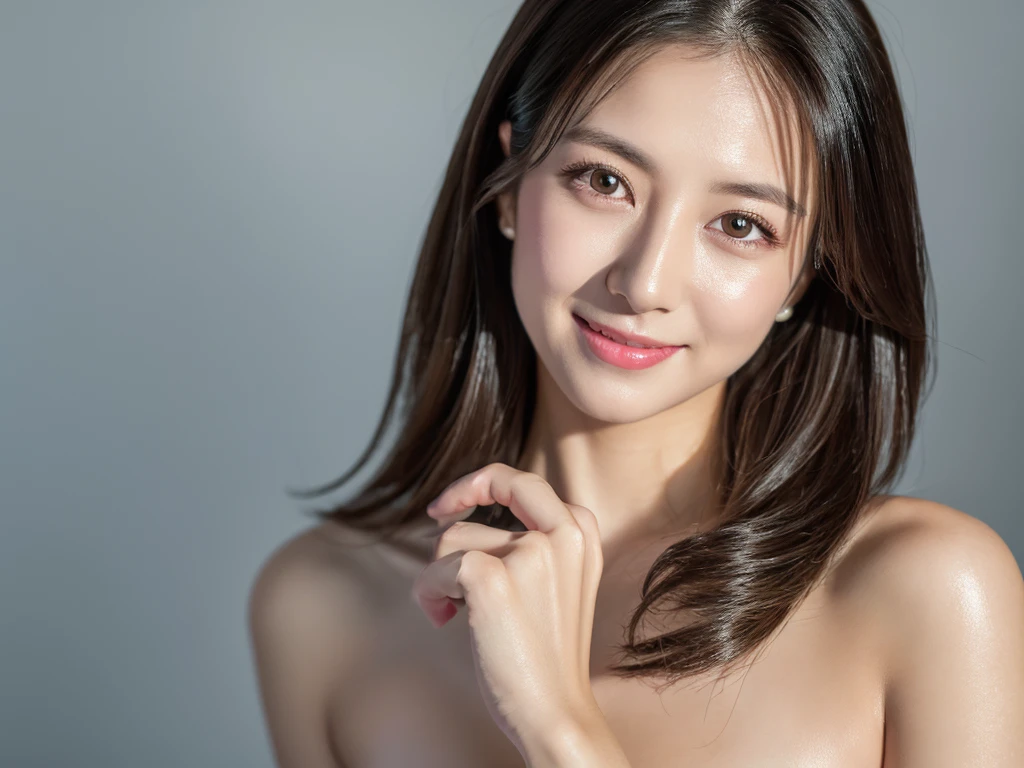 highest quality、8k Masterpiece、superA high resolution、(Photorealistic:1.3)、RAW Photos、1 girl、Black Hair、extremely detailed Glowing Skin、18 years old、Portrait、Global Illumination、Shadow、Octane Rendering、8k、Super sharp、Beautiful breastetal、Cold colors、Very intricate detailuch Light、CGSoation Trend、extremely detailed Beautiful Eyes、Shining Eyes、To the camera、Neon Details、extremely detailed Clear skin、long hair、smile、Featured on cosmetics website、Elegance、Photo Studio、short hair、naked、more lighting, photo painting, Picture-perfect, perfect white skin,
