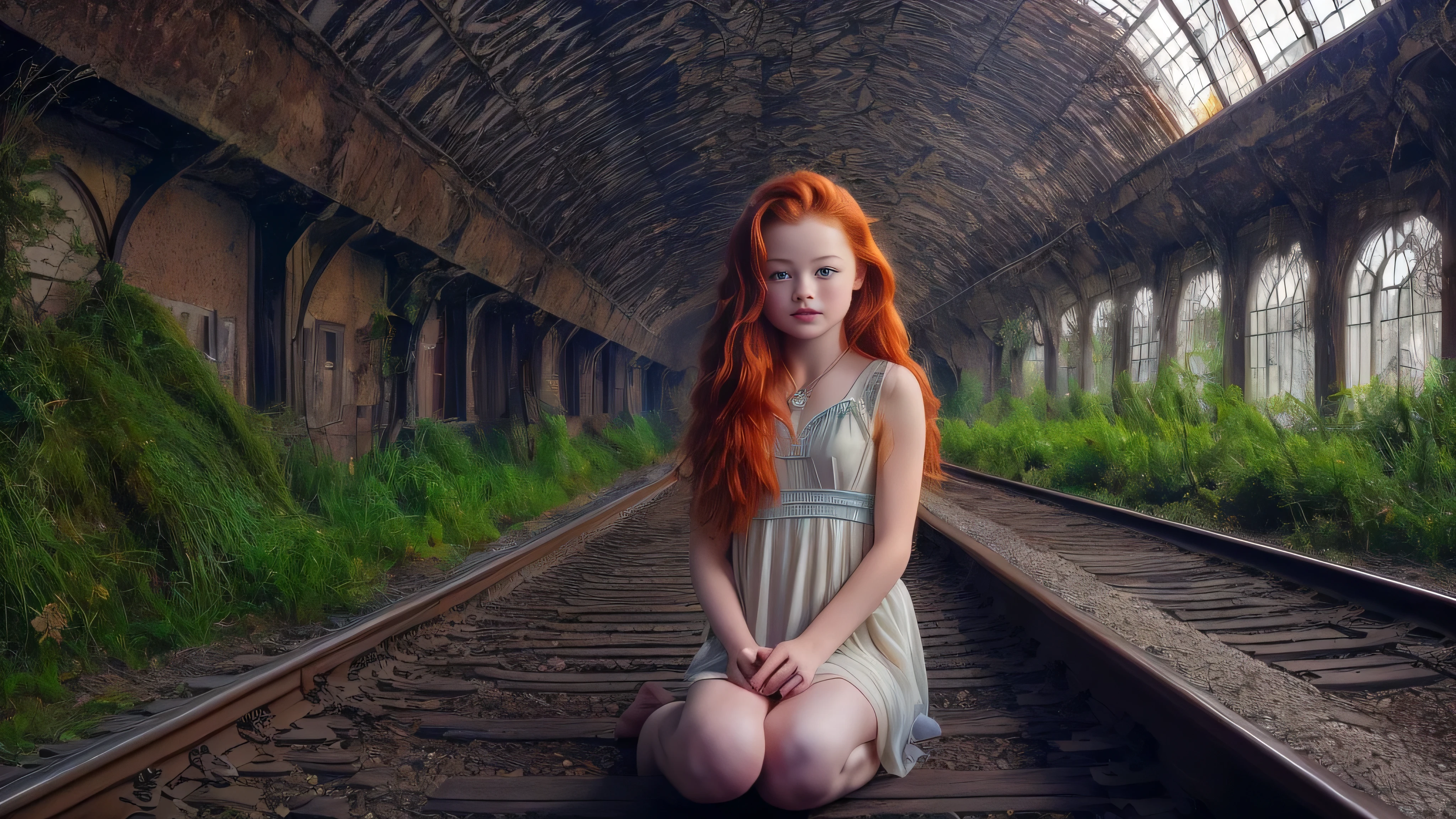 (Mackenzie Foy ginger hair teen girl,13 years old with spread legs:1.8), (long, messy hair:1.3), blue eyes, detailed eyes, detailed lips, (lies nude, sensual, full body:1.8), (photo from many different angles:1.5), (creepy and scary abandoned railway station platform with fog and fog, snow, green moss: 1.3), low neck, ray tracing, (best quality, 4k, 8k, high resolution, masterpiece:1.2), very detailed, (realistic , photorealistic, photorealistic :1.37), HDR, UHD, masterpiece, professional, vivid colors, bokeh, studio lighting