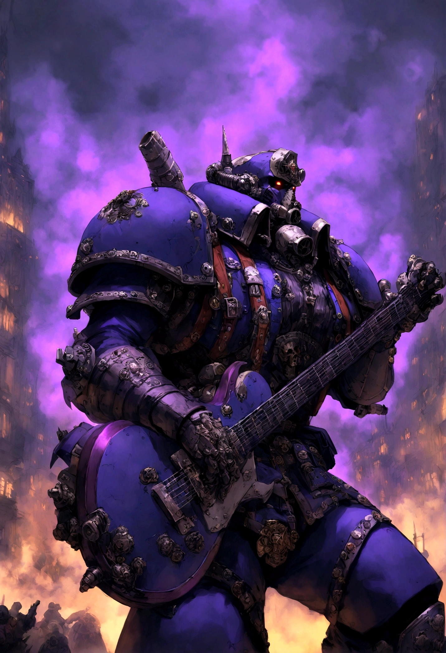 warhammer 40k, a chaos noise marine (purple primary color scheme), is playing a chaos styled guitar, powerful speakers on his back blast deadly noise, hi gothic future city