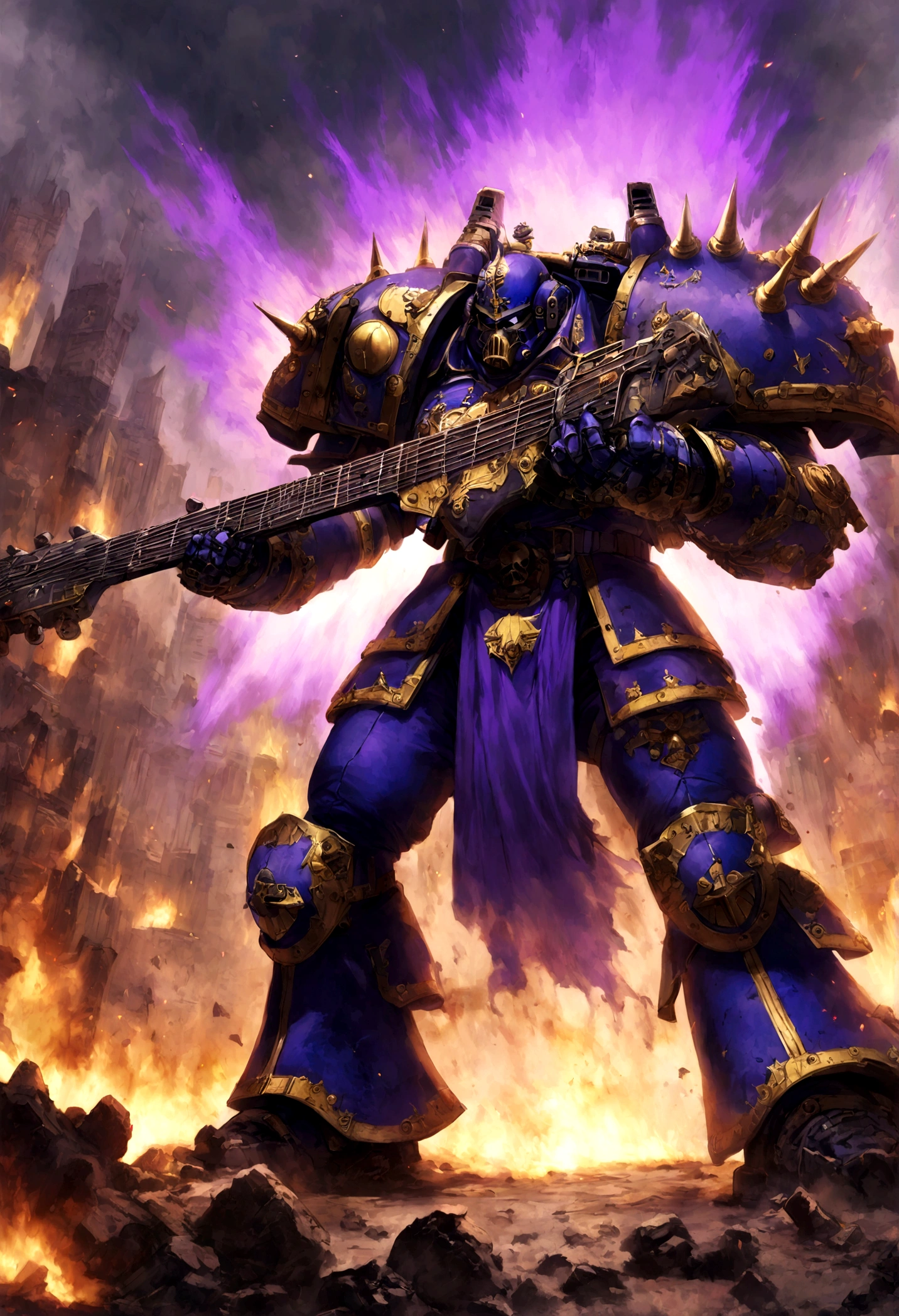 warhammer 40k, a chaos noise marine (purple primary color scheme), is playing a chaos styled guitar, powerful speakers on his back blast deadly noise, hi gothic future city