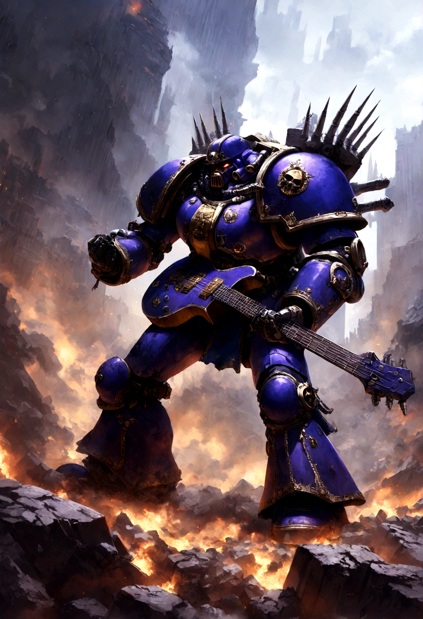 warhammer 40k, a chaos noise marine (purple primary color scheme), is playing a chaos styled guitar, powerful speakers on his back blast deadly noise, hi gothic future city