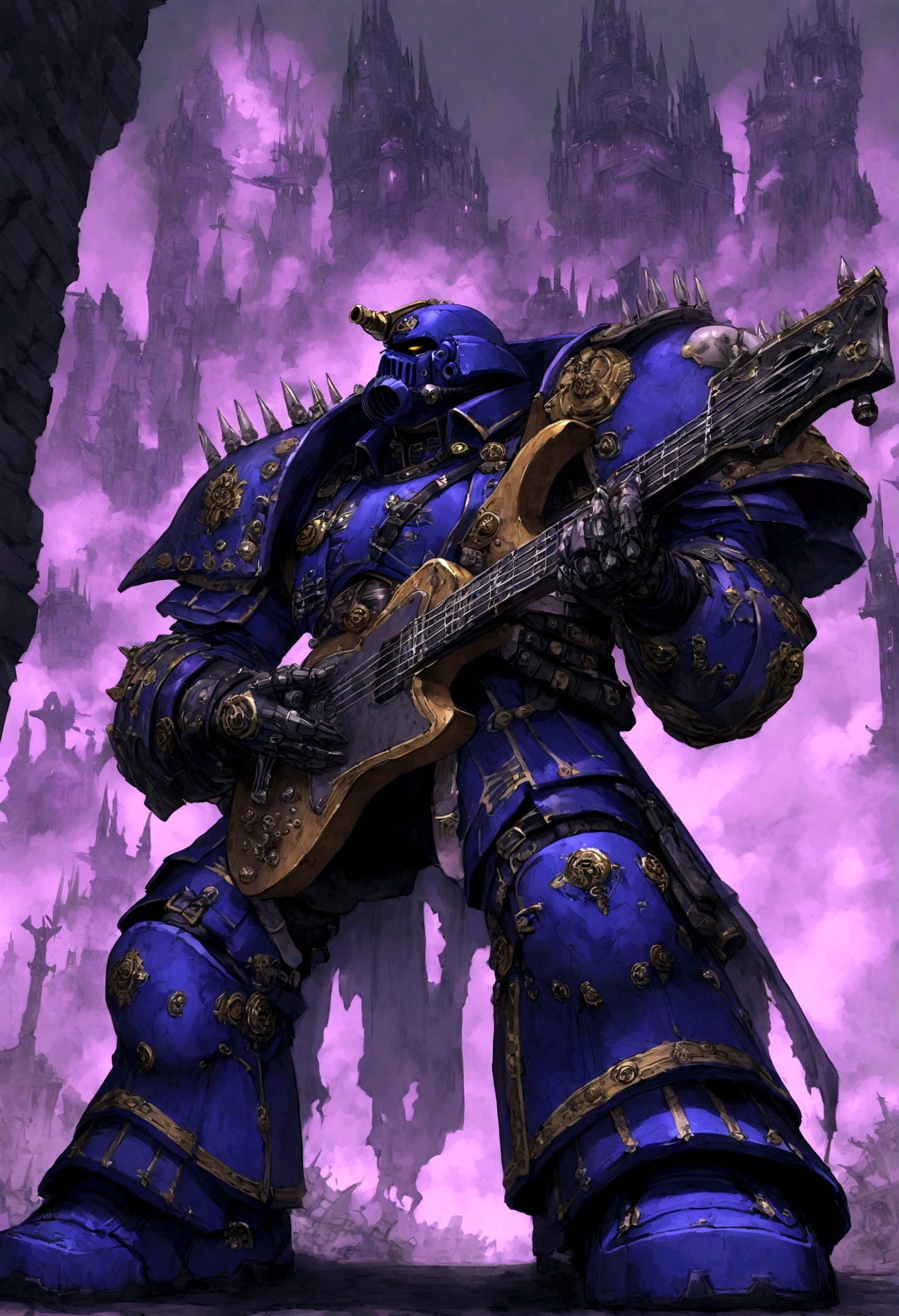 warhammer 40k, a chaos noise marine (purple primary color scheme), is playing a chaos styled guitar, powerful speakers on his back blast deadly noise, hi gothic future city