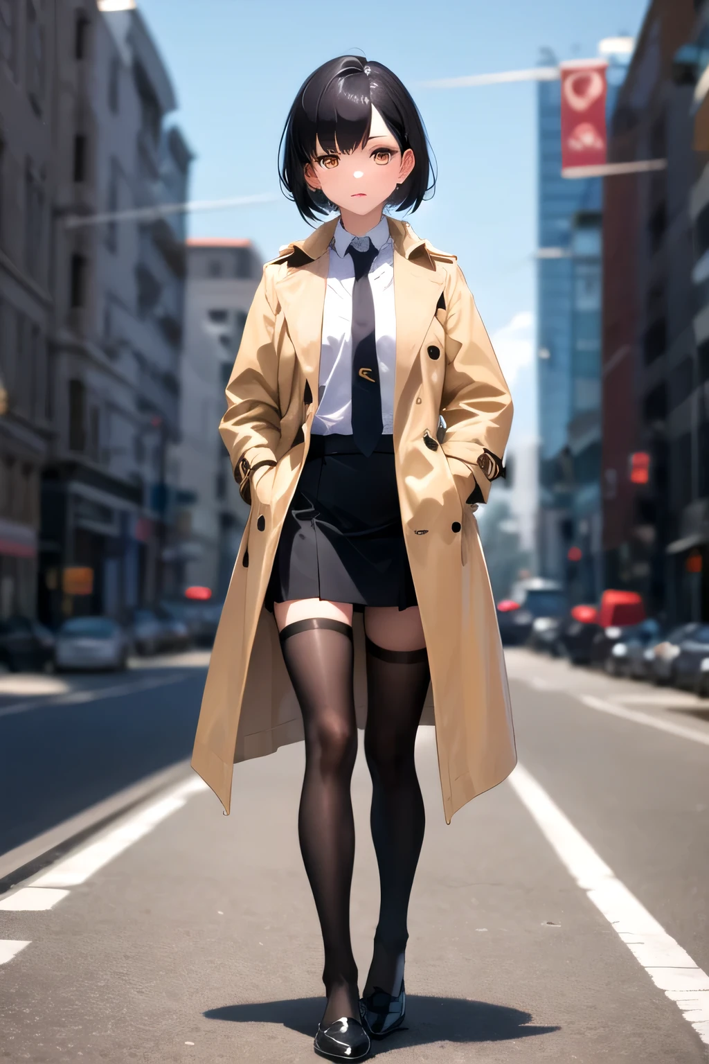  girl, Short black hair，Black pupil， Trench coat, Shirt and tie, Short skirt，Black stockings，Hands in pockets