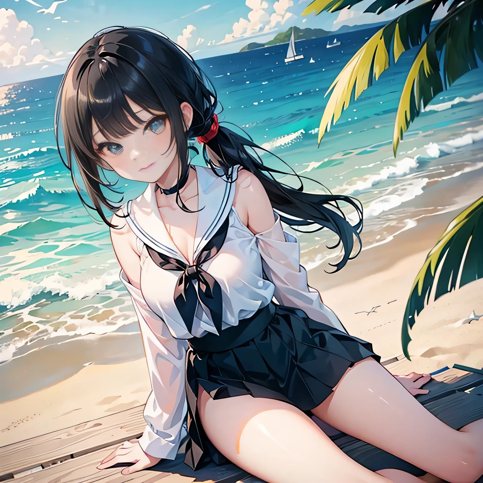 (high angle,cleavage),((masterpiece, highest resolution,best quality)),  (beautiful illustration), ((semi long beautiful black hair,blunt bangs,pony tail,beautiful eyes)),(solo),(Japanese high ,sailor,mini skirt),(looking at the viewer), (sitting on the beach),(innocent cute smile), (cinematic lighting),beach, sand, blue sky, waves, coconut tree,fish,boat,sea gull,