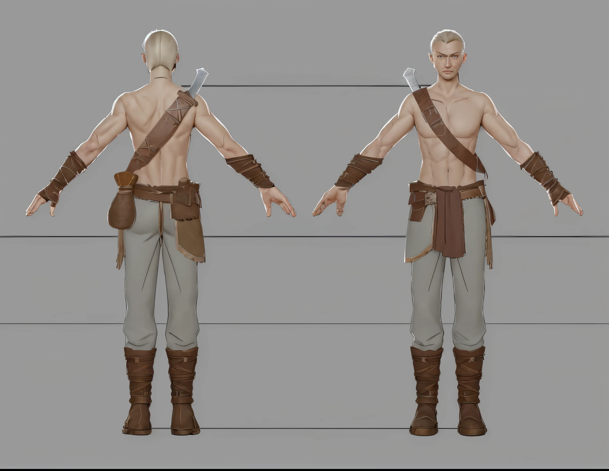 ( Realistic:1.33),(masterpiece:1.1),(highest quality:1.1),(HDR:1) a close up of a muscle hunter with a blade and a belt, full body concept, detailed full body concept, Viking ranger style, Viking protective, Portrait of a Viking, Viking warrior, Viking culture, Nordic warrior, Viking costume, Ancient Viking warrior, male Viking, with Machado, Nordic inspiration, Viking and barbarian aesthetics, full body character concept,costume concept design, full body details, detailed full body concept art, full character body, character model sheet turnaround, fullbody shot turnaround, concept character sheet, full body concept art, reference model sheet , full body concept art, RPG style character, game character design, 3d character reference sheet, video game character concept, detailed character design, character sheet, [ character model sheet turnaround ], front and back, (((front and back))), grey clean background, 3D character, leather belt, leather boots with rob, ((gambeson cloth)), leather belt on chest, (viking warrior), ((barbarian)),(((wide chest)), (gambeson loincloth), ragged loincloth,((leather drawstring pouch on belt)), ((back muscle)),((back muscle)),sword on back, sword hilt , ((staff on bag))