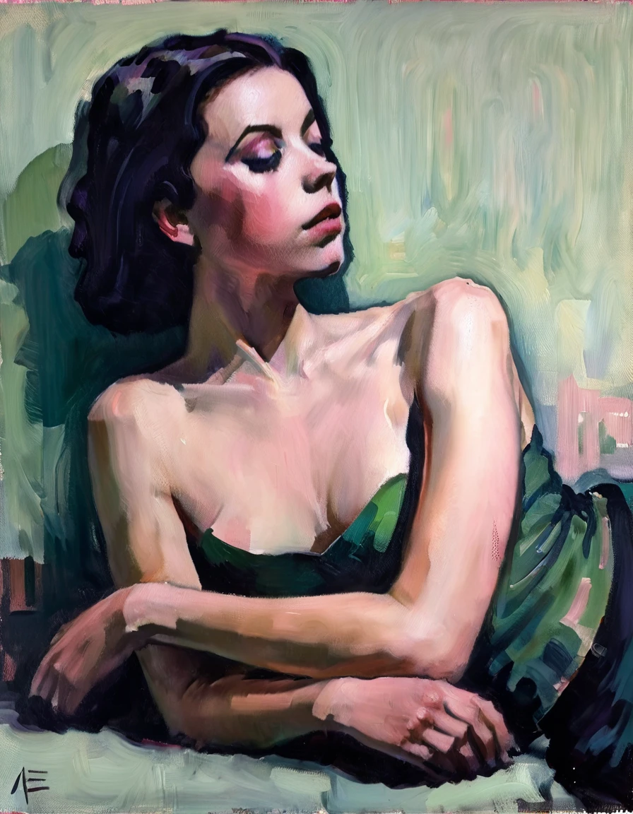 Create a portrait of a young woman in a semi-reclining pose with a pensive expression. Use a painterly style inspired by Malcolm Liepke, characterized by expressive brushstrokes and rich texture. Employ a color palette of muted greens, soft pinks, deep purples, and subtle flesh tones to evoke a sense of depth and emotion. The background should consist of abstract, textured layers in complementary colors, blending seamlessly with the figure. Pay attention to the contrast between the smooth, detailed rendering of the face and the rough, textured application of paint in the surrounding areas. Capture the delicate balance of vulnerability and strength in the subject's gaze and posture