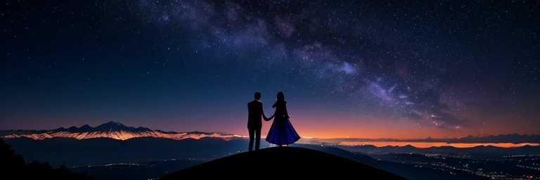The night sky is、Deep purple、dark blue、and is filled with other rich tones.。Under this colorful night sky、A typical Japanese landscape spreads out before you。In the distance、The majestic Mount Fuji stands tall、Its graceful appearance shines in the night sky.。The five-story pagoda、Standing quietly、It symbolizes the silence of the night.。 On the other hand、In the silence of the night、Two silhouettes emerge: a man and a woman.。Man holds woman's hand、Looking up at the night sky together。The presence of two people、This adds even more depth and emotion to this beautiful night view.。