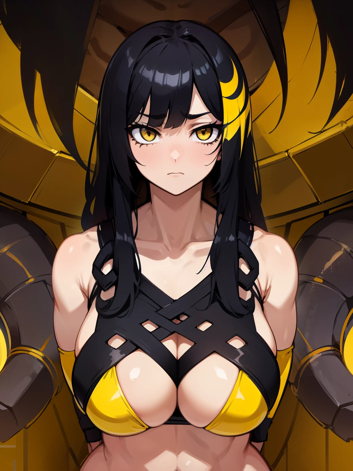 muscular girl black hair yellow eyes expressionless sad