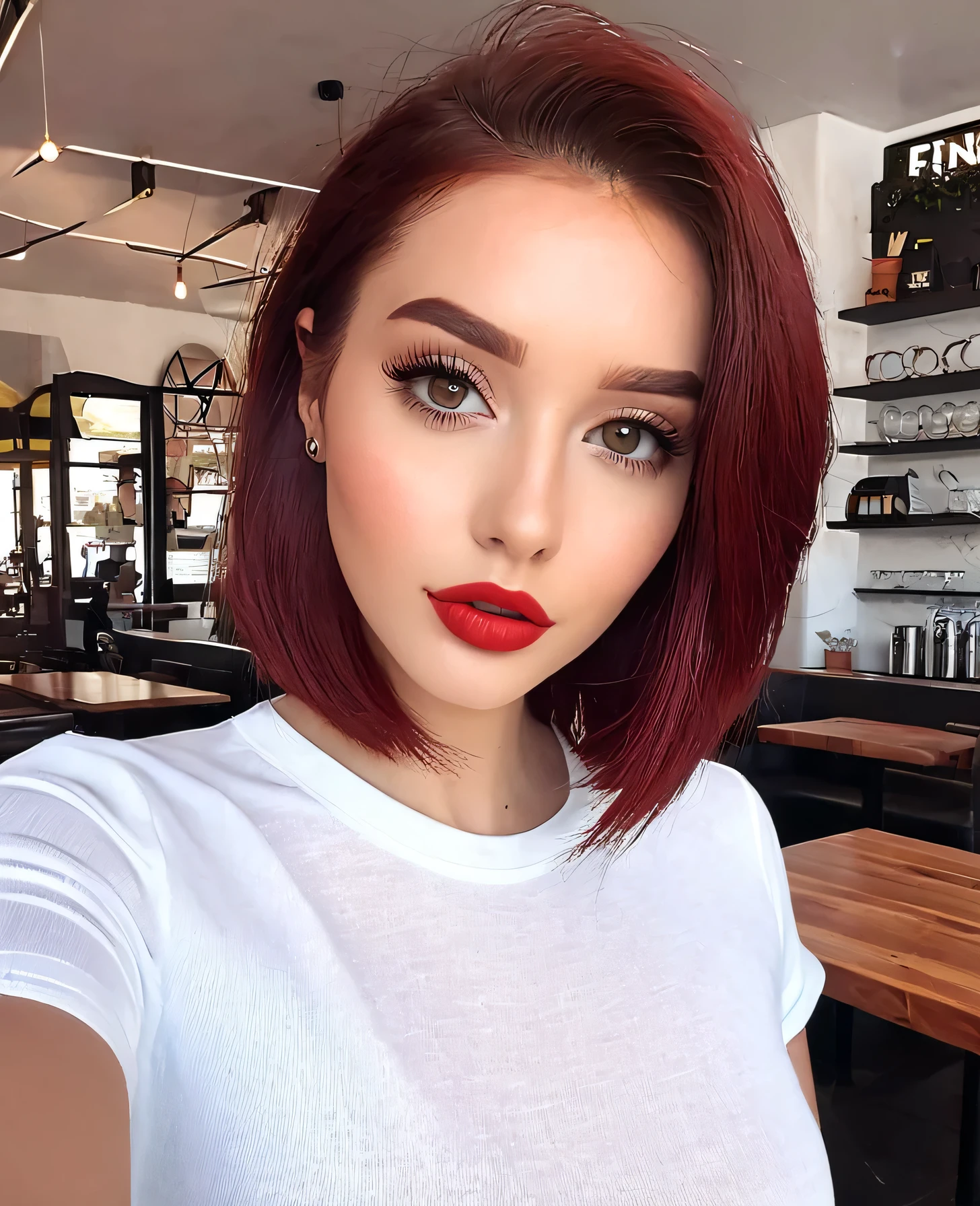 Photo of a 20 year old brunette woman., que tiene una cara muy natural, rojo el corte de pelo bob, labios delgados, ojos finos, Cejas finas, nariz fina, pendientes, long eyelashes. She takes a cute selfie in a cafe., el corte de pelo bob con una blusa color blanca que transparente 