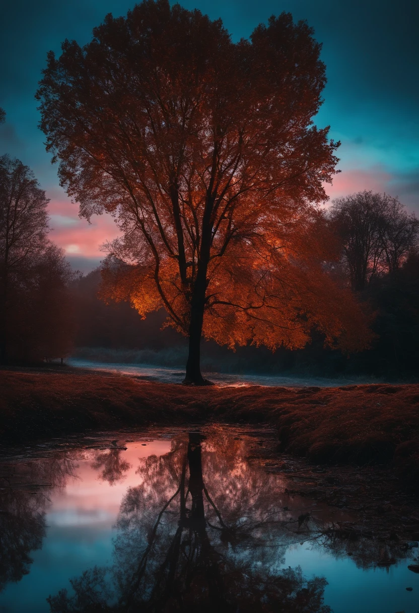 RAW photo, Light blue trees, dark red sky, dark, gloomy, orange lights, landscape, puddles, high resolution, reflections, complex lighting, 8k layers, colourful, soft lighting, high quality, film grain, Fujifilm XT