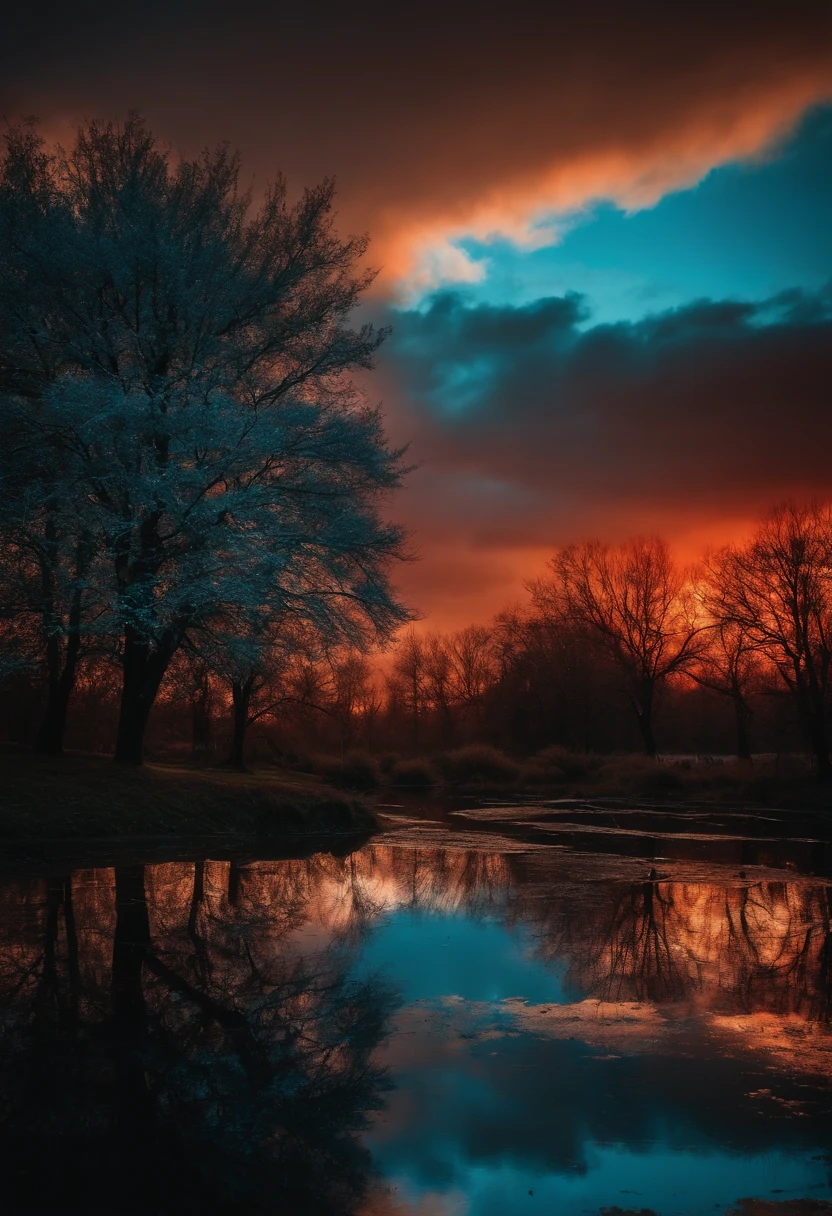 RAW photo, Light blue trees, dark red sky, dark, gloomy, orange lights, landscape, puddles, high resolution, reflections, complex lighting, 8k layers, colourful, soft lighting, high quality, film grain, Fujifilm XT
