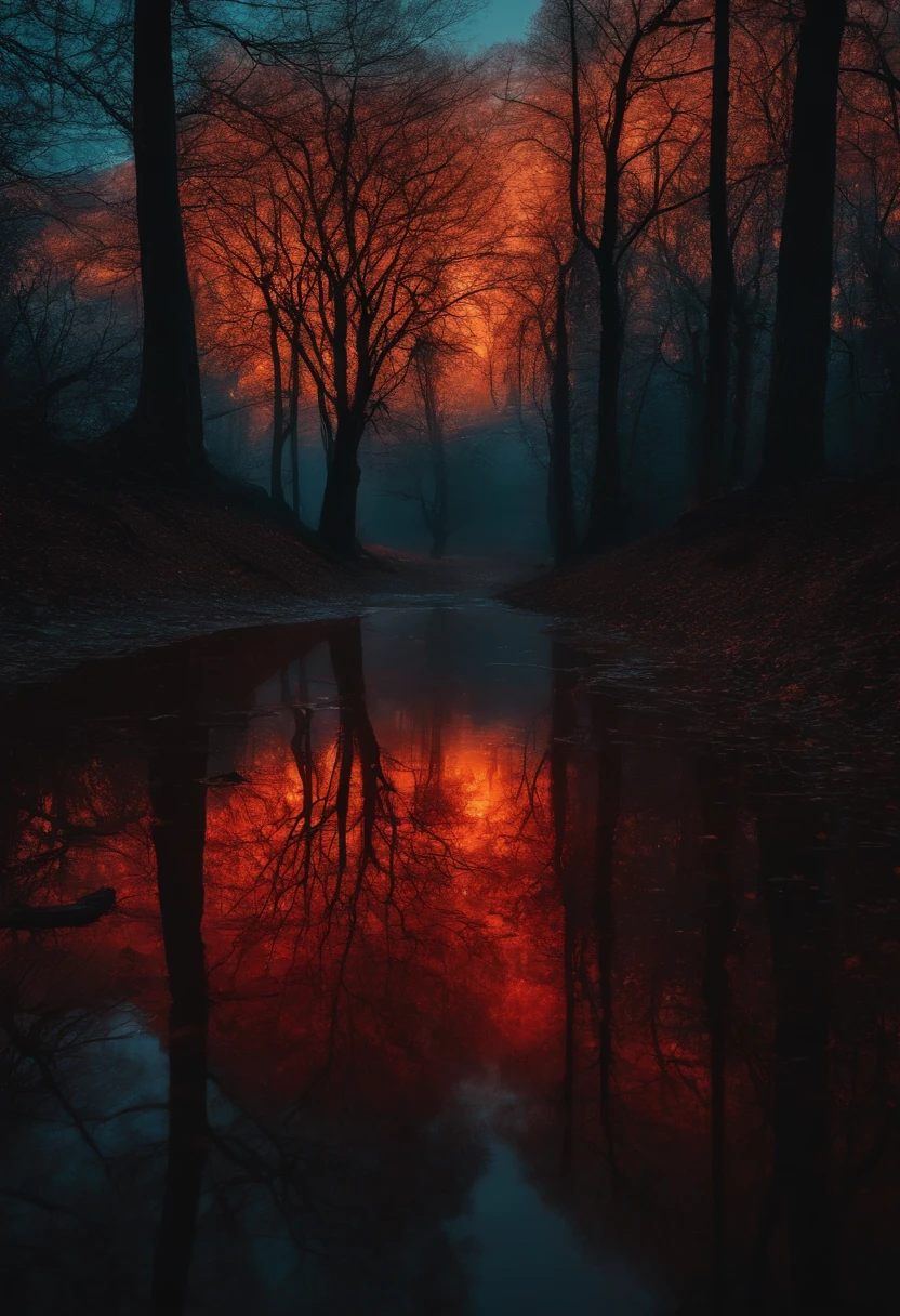 RAW photo, Light blue trees, dark red sky, dark, gloomy, orange lights, landscape, puddles, high resolution, reflections, complex lighting, 8k layers, colourful, soft lighting, high quality, film grain, Fujifilm XT