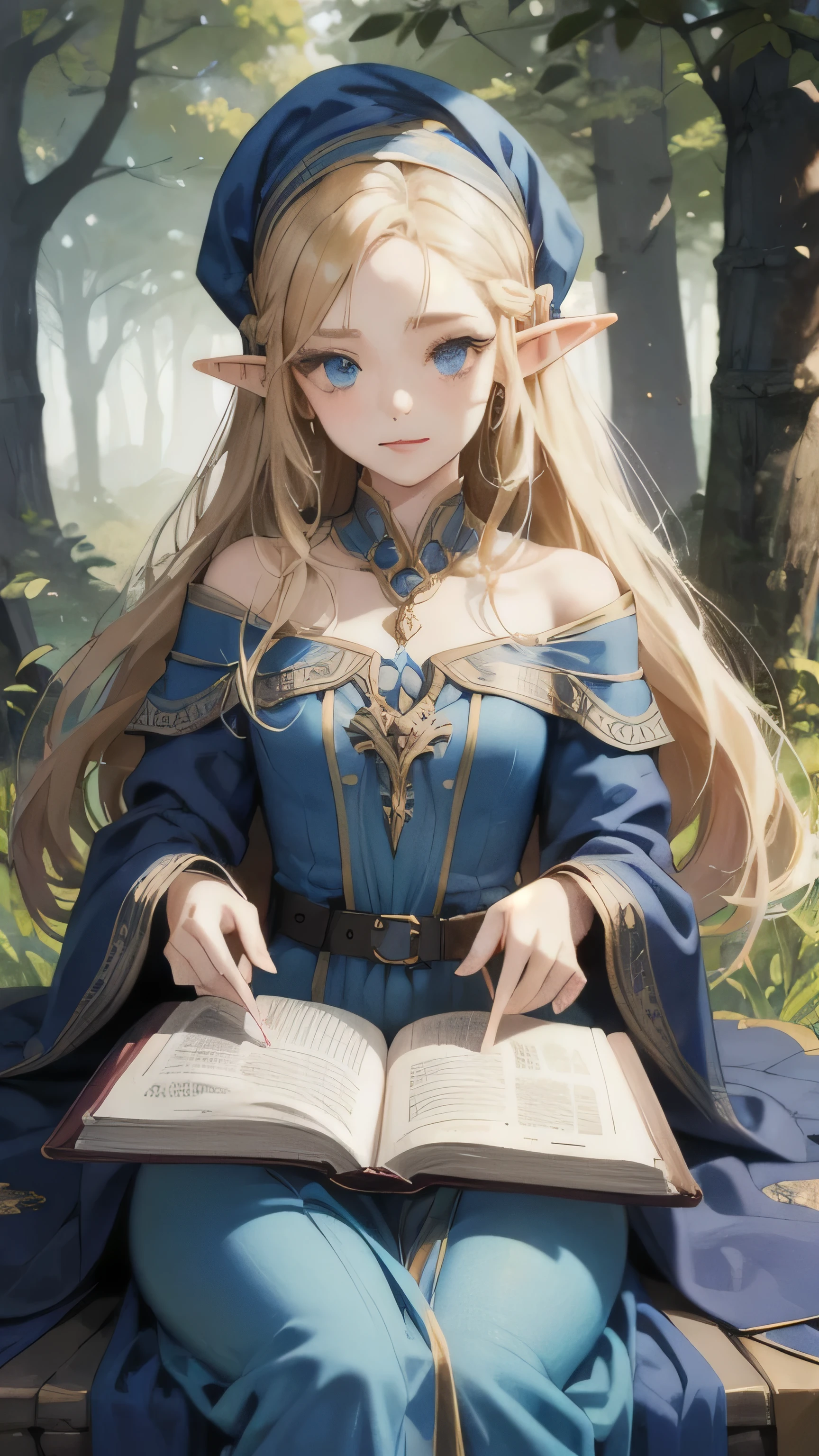 elf girl, blonde long hair, blue eyes, blue dress, having a magic wand and magic book, in woods
