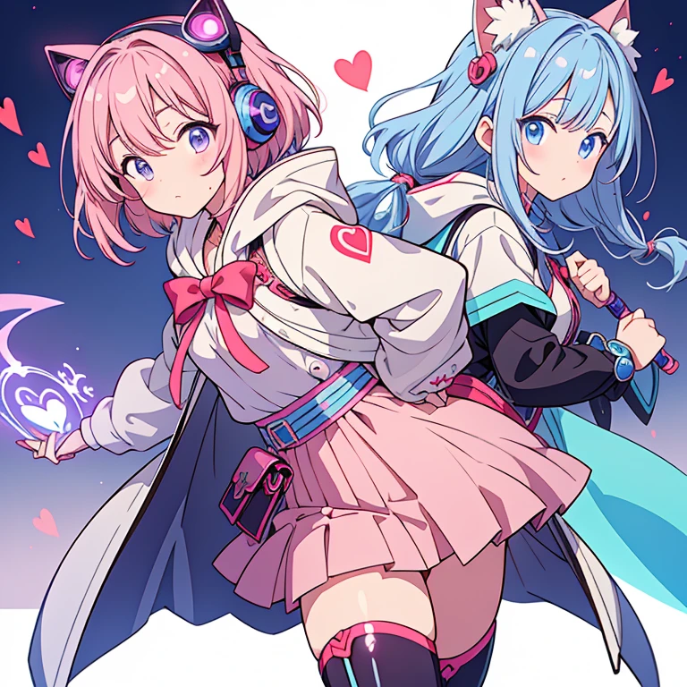 masterpiece、highest quality、Anime Magical Girl、cyber punk、Cute heart-shaped magic wand、Hooded cloak、Put the headset on your head、アイドルの服なのにcyber punk、White long boots、Pouch on waist、