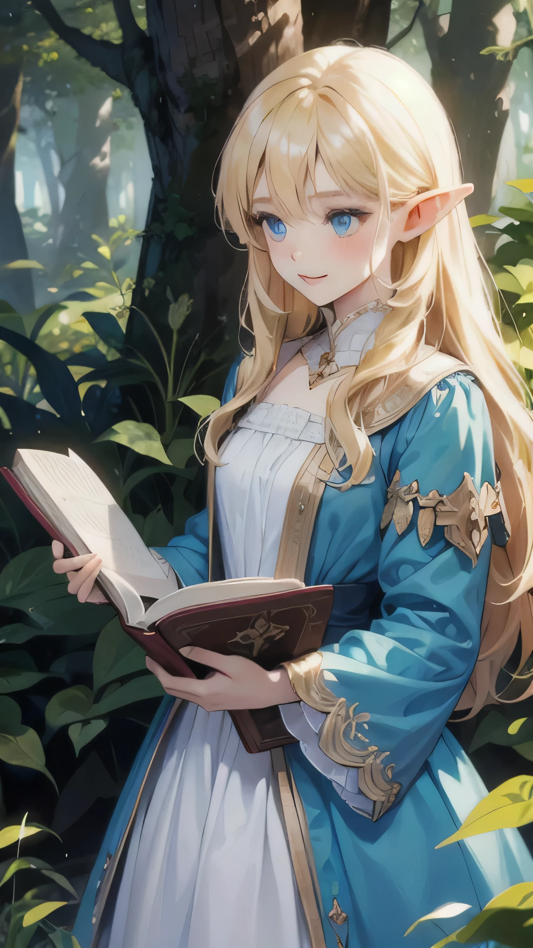 elf girl, blonde long hair, blue eyes, blue dress, having a magic wand and magic book, in woods