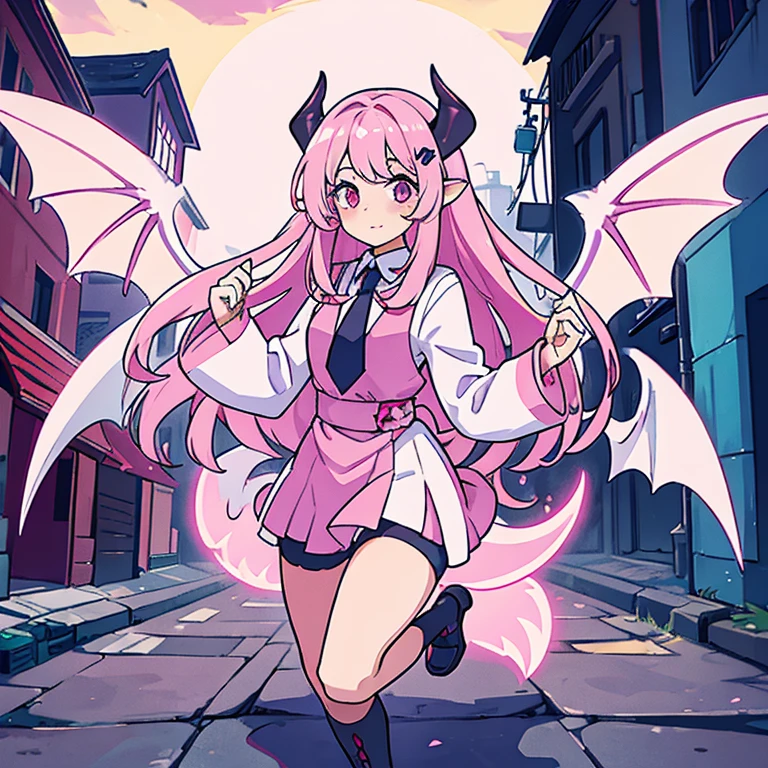 Cute sucubu girl with demon wings and tail, pink-white haur, peacefully in the street full body
