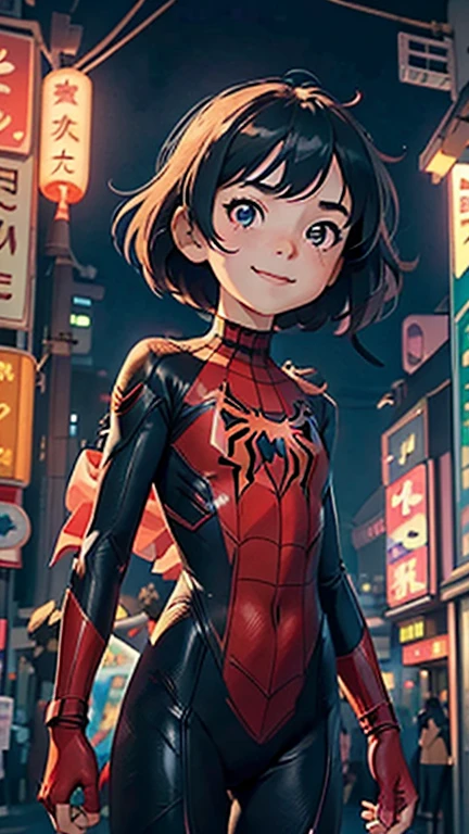 (8k),(masterpiece),(Japanese),(8--old l),((innocent look)),((Petit)),From the front,smile,cute,Innocent,Kind eyes,flat chest, Slender, Spider-Man costume,short,Hair blowing in the wind,Black Hair,strong wind,midnight,dark,neon light futuristic city