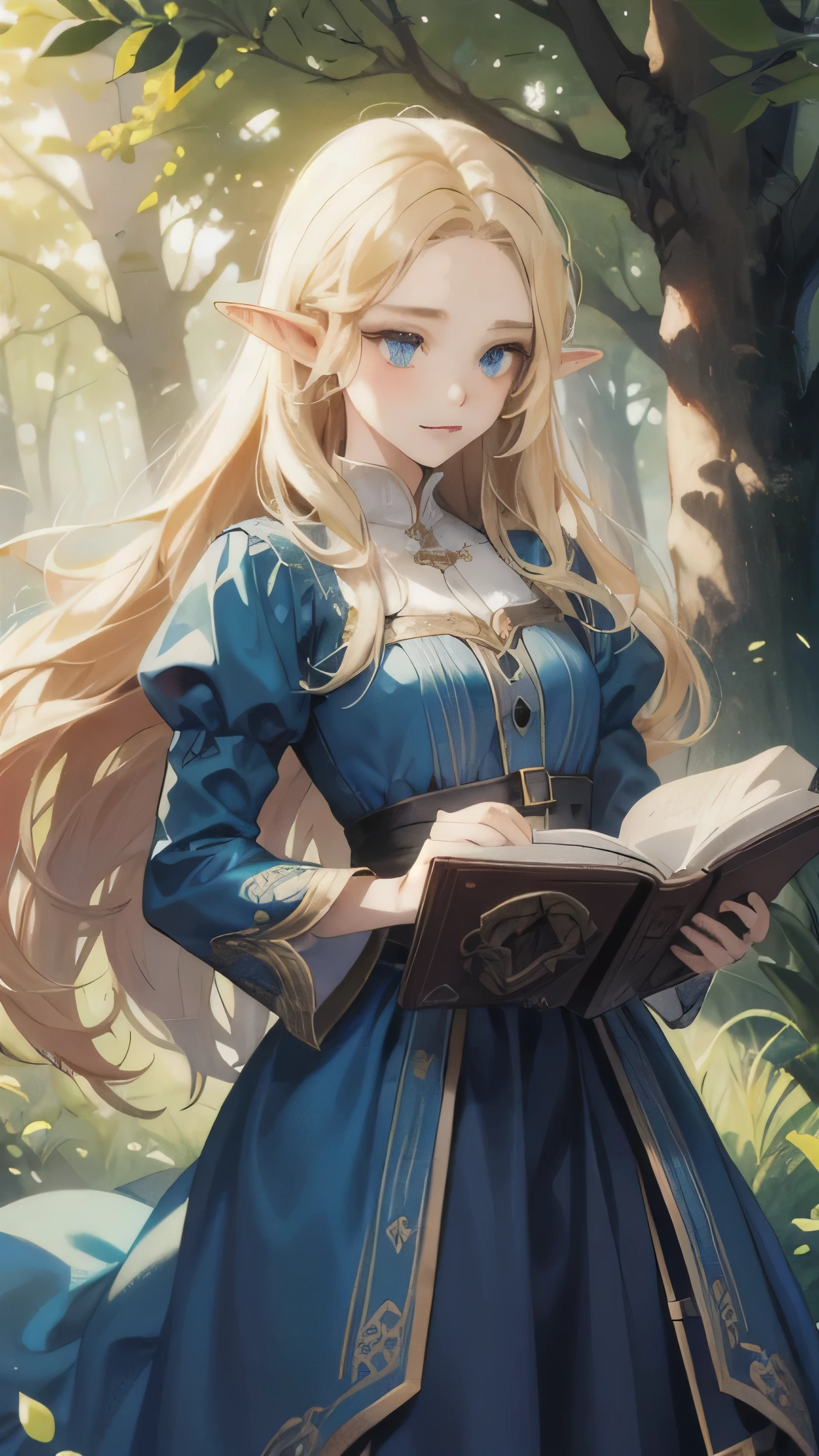 elf girl, blonde long hair, blue eyes, blue dress, having a magic wand and magic book, in woods