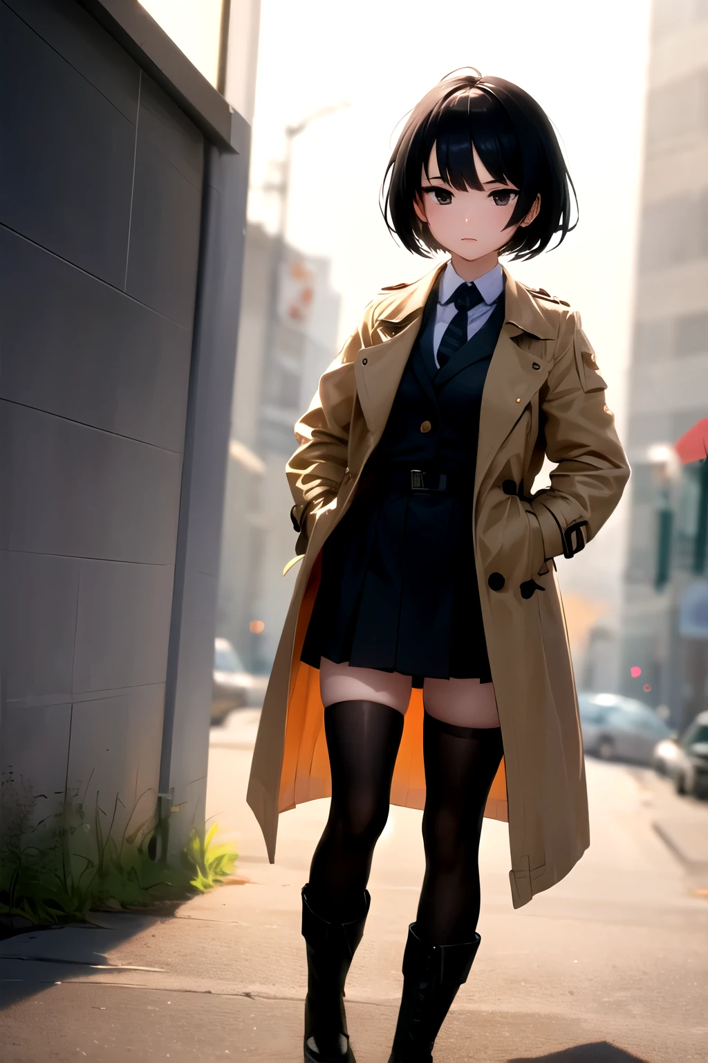  girl, Short black hair，Black eyes， Trench coat, Shirt and tie, Short skirt，Black stockings，Boots，Hands in pockets，Sharp eyes