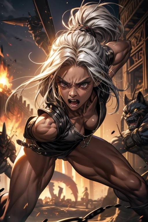 girl with dark skin chained growling in attack position, cabelos cacheados, olhos dourados e brilhantes,muscular arms,seios medios, corpo muito definido de fisiculturista , dentes pontudos e unhas grandes ,