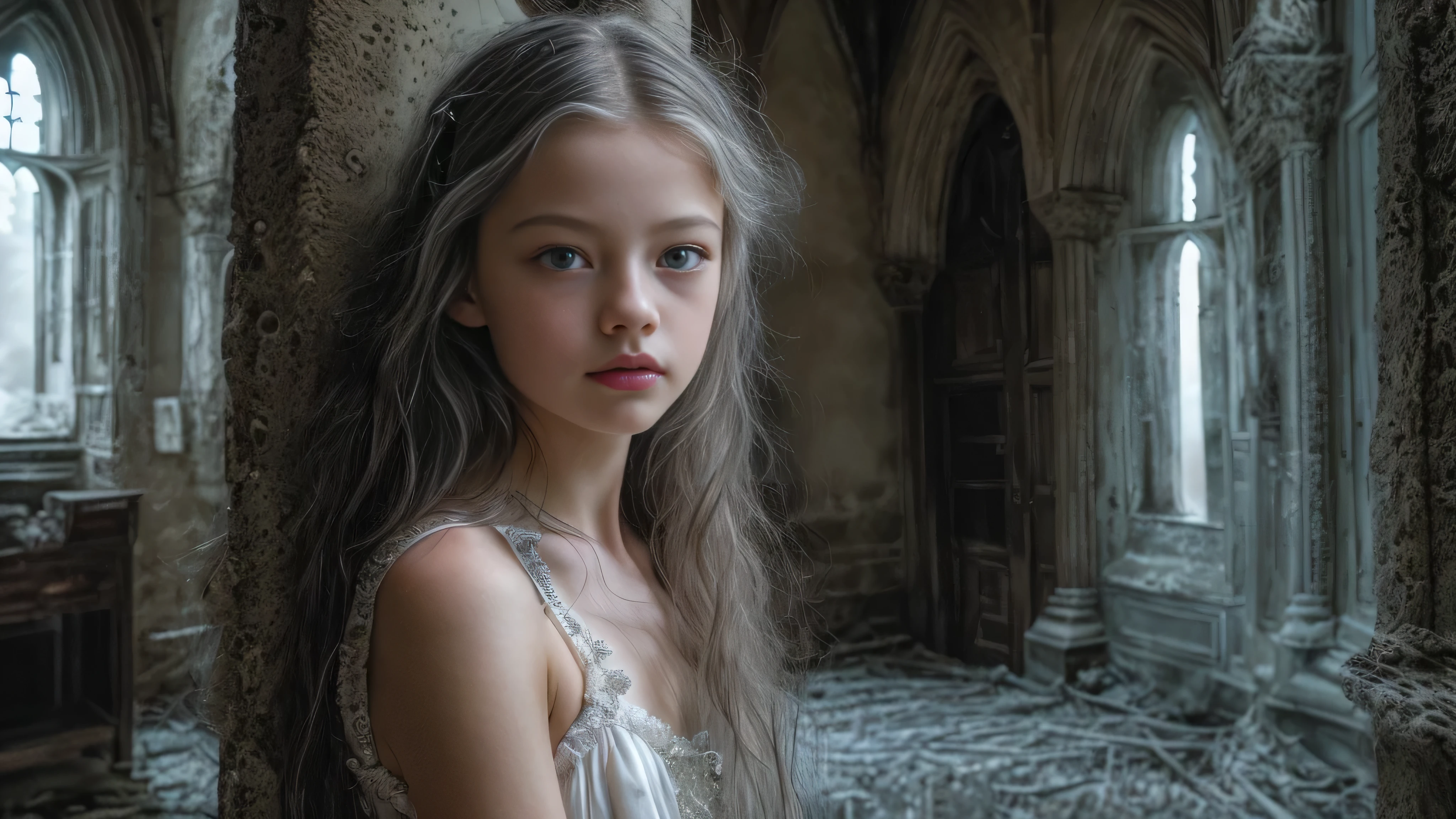 (Mackenzie Foy white hair teen girl,13 years old with, hand, fingers in vagina:1.3), (long, messy hair:1.3), blue eyes, detailed eyes, detailed lips, (lies nude, sensual, full body:1.5), (photo from many different angles:1.5), (creepy and scary interior of a Gothic castle, abandoned with fog and fog, snow, green moss: 1.3), low neck, ray tracing, (best quality, 4k, 8k, high resolution, masterpiece:1.2), very detailed, (realistic , photorealistic, photorealistic :1.37), HDR, UHD, masterpiece, professional, vivid colors, bokeh, studio lighting