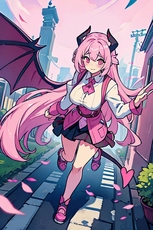 Hot sucubu girl with demon wings and tail, pink-white haur, peacefully in the street full body