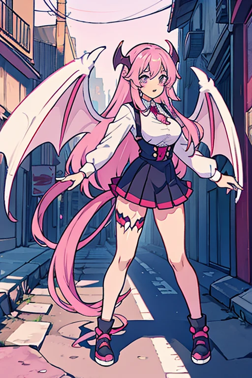 Hot sucubu girl with demon wings and tail, pink-white haur, peacefully in the street full body