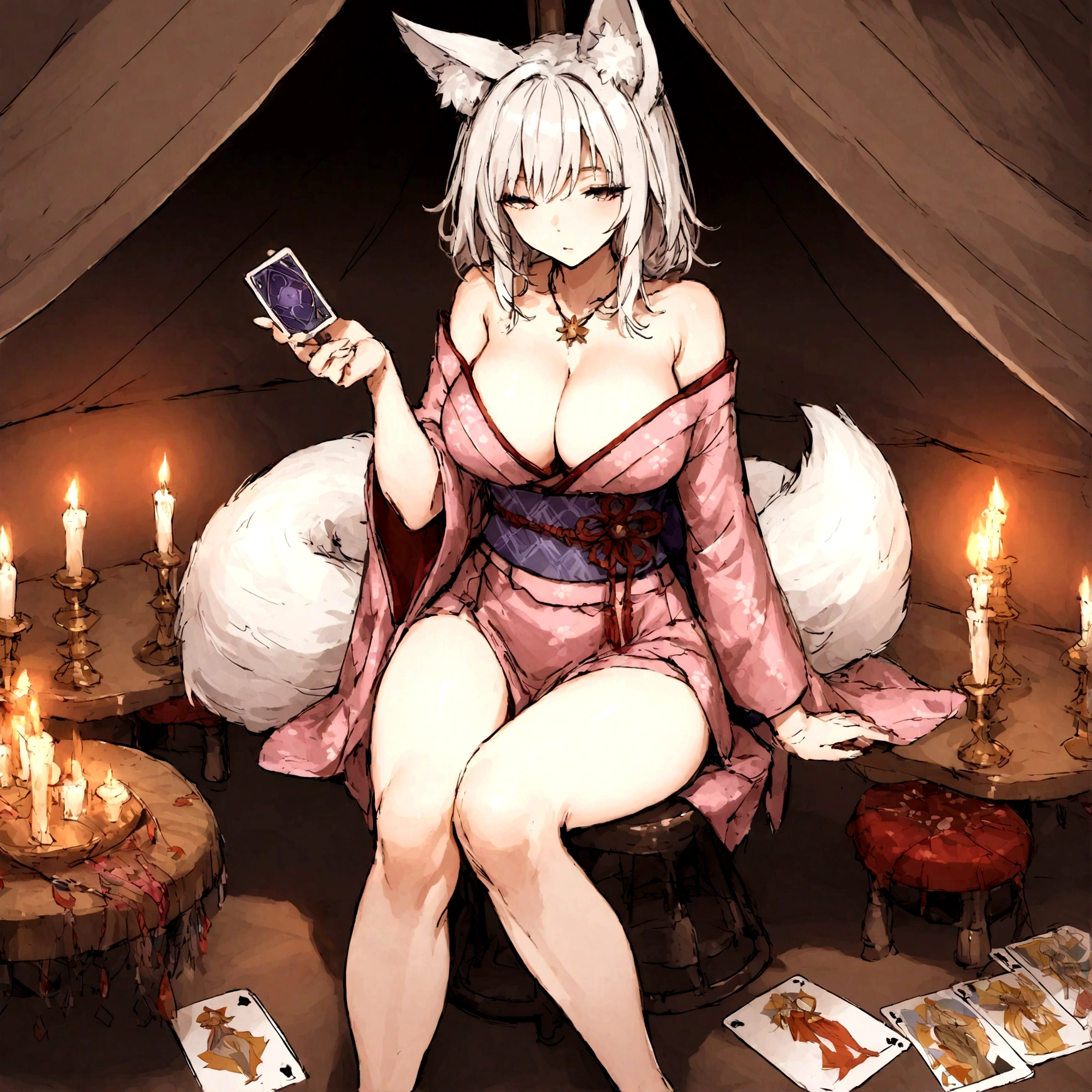 a sexy milf, has very long white hair, breasts, showing cleavage, has fox ears, wearing sakura kimono, in a gypsy tent, reading a crystal ball and surrounded by tarot cards, surrounded by candles, mystical, showing legs, sitting on cloth laden stool, has a table in front of her, has a fox tail