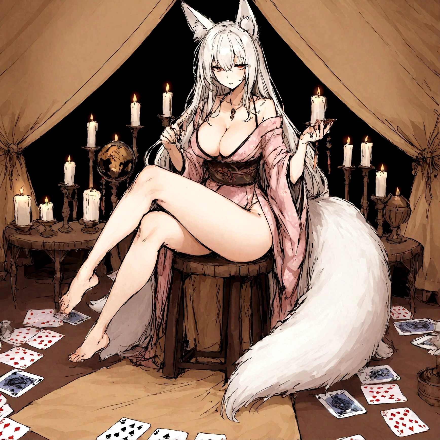 a sexy milf, has very long white hair, breasts, showing cleavage, has fox ears, wearing sakura kimono, in a gypsy tent, reading a crystal ball and surrounded by tarot cards, surrounded by candles, mystical, showing legs, sitting on cloth laden stool, has a table in front of her, has a fox tail