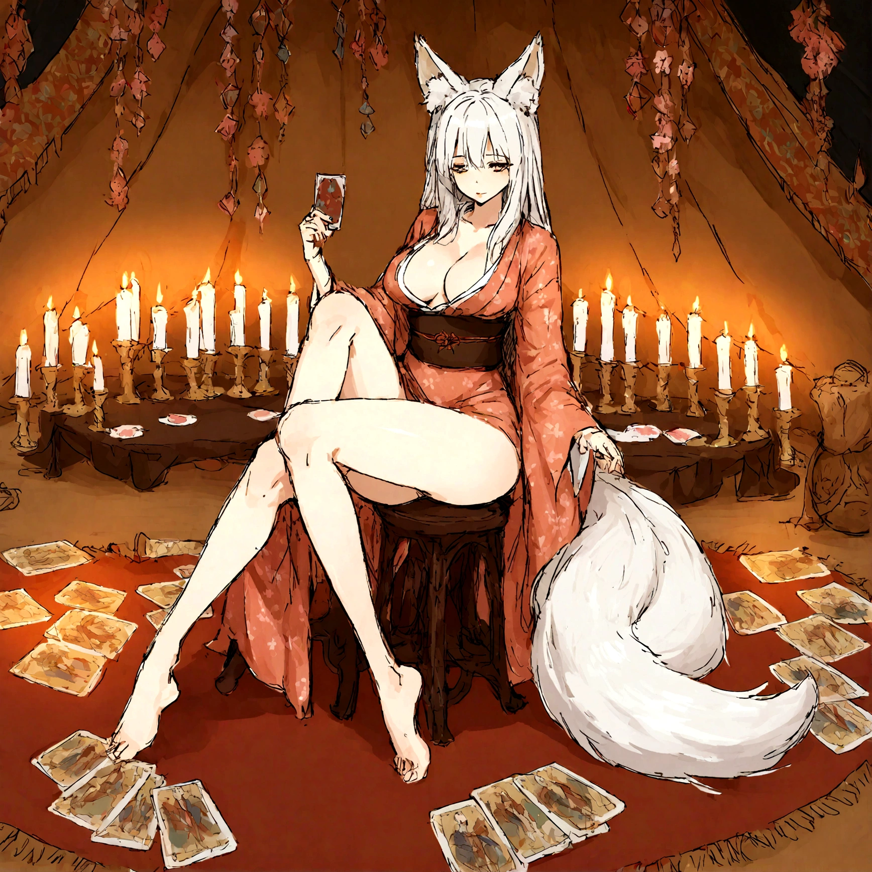 a sexy milf, has very long white hair, breasts, showing cleavage, has fox ears, wearing sakura kimono, in a gypsy tent, reading a crystal ball and surrounded by tarot cards, surrounded by candles, mystical, showing legs, sitting on cloth laden stool, has a table in front of her, has a fox tail