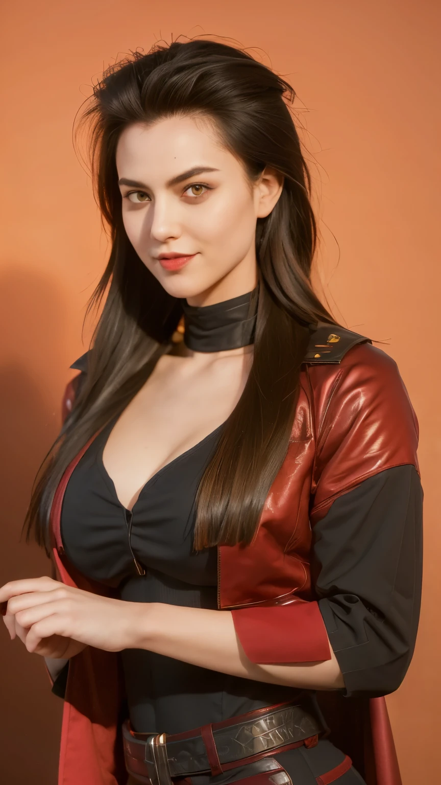 Masterpiece, Best quality, High accuracy, 1girl, Single, Modern vampires, Red poetry, long hair, Open hair, Yellow eyes , Evil smile, 2  boys on either side of her, both vampires with شعر أصفر , Uniform A, Scary background, big boobs, big breasts, bulging 